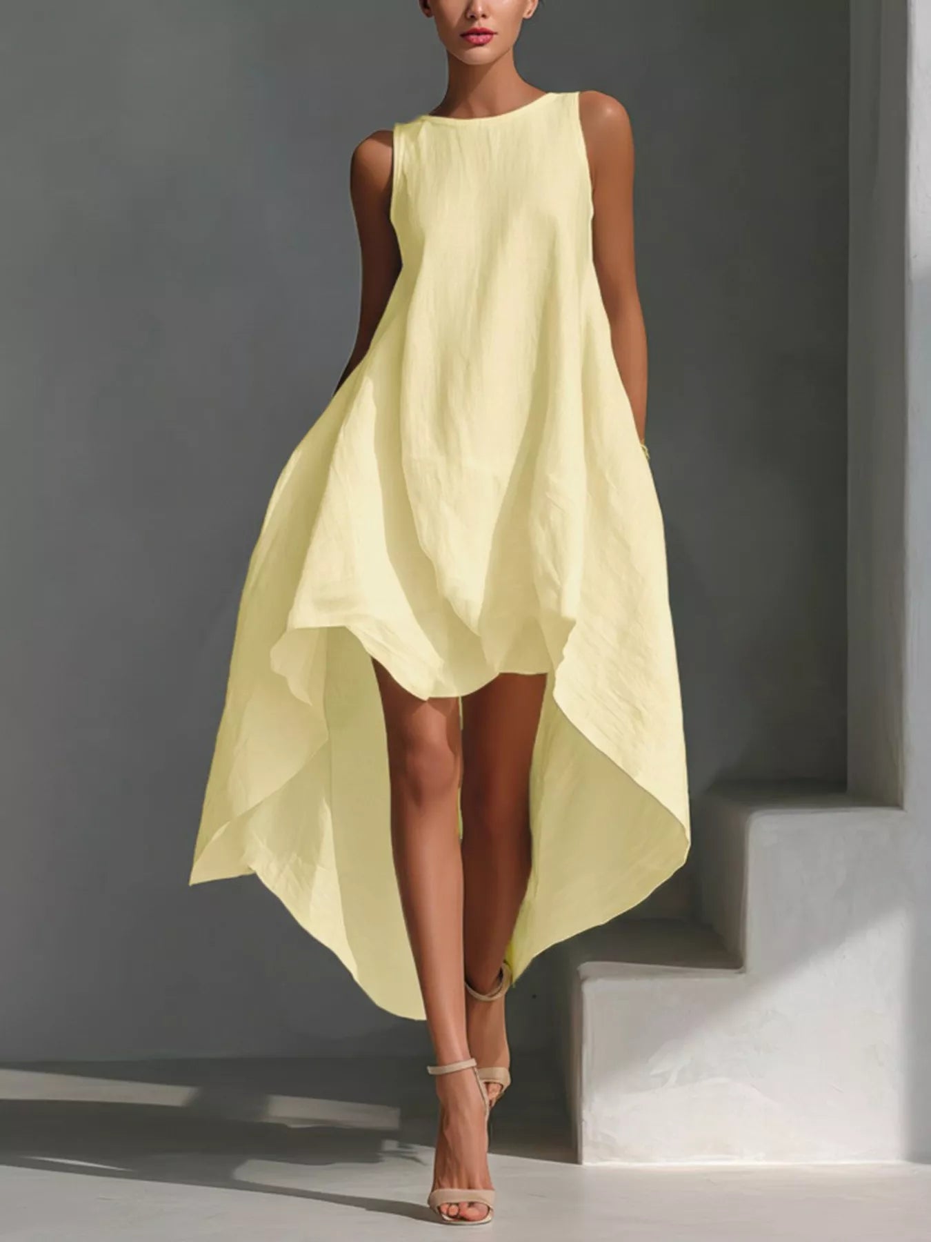 Sleeveless high-low round neck dress from Trendsi featuring a stylish, flowing design perfect for casual or dressy occasions.