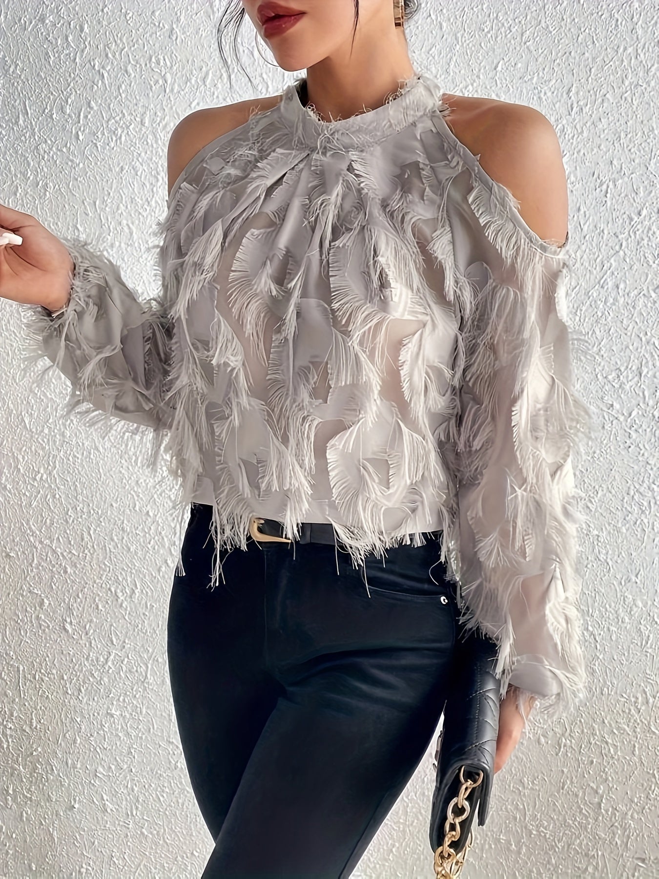 Feather-Like Plush Semi-Sheer Open-Shoulder Blouse – Luxe Evening Top