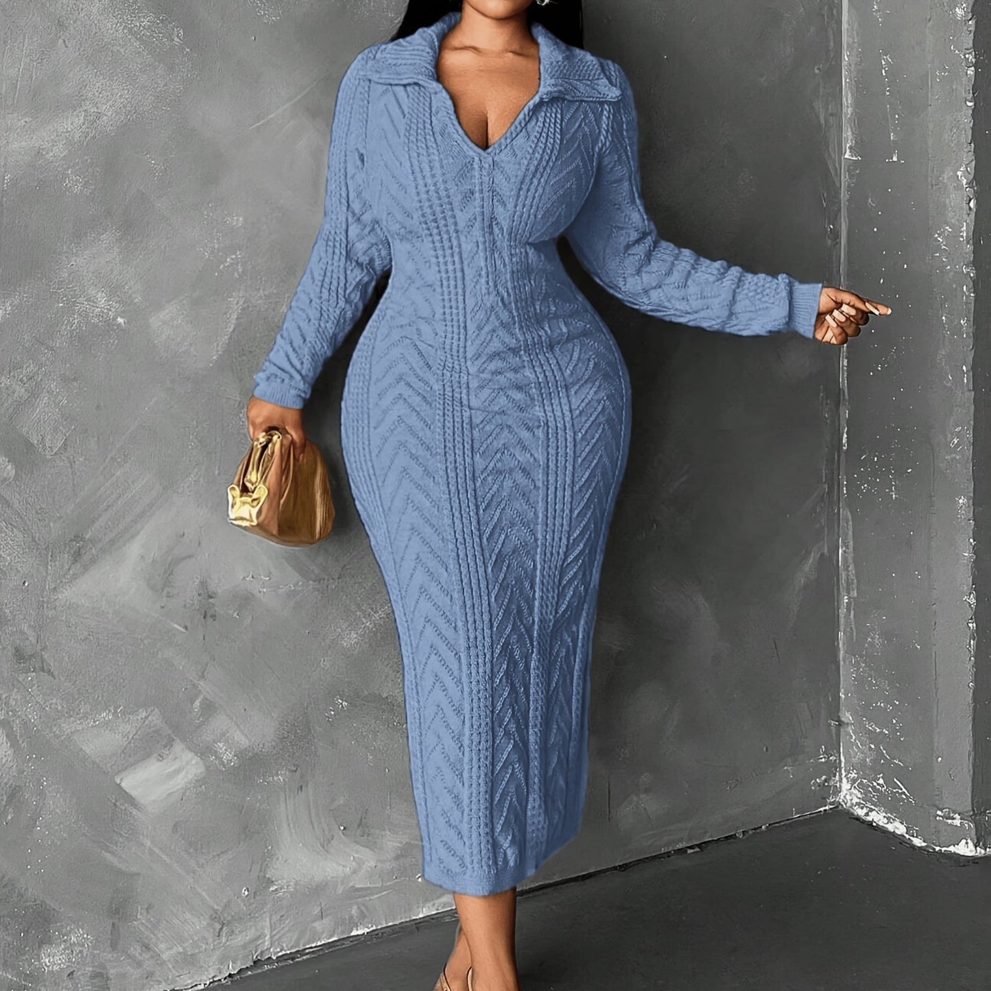 Blue Ribbed Sweater Dress – V-Neck, Collared, Long Sleeve Knit Dress for Women