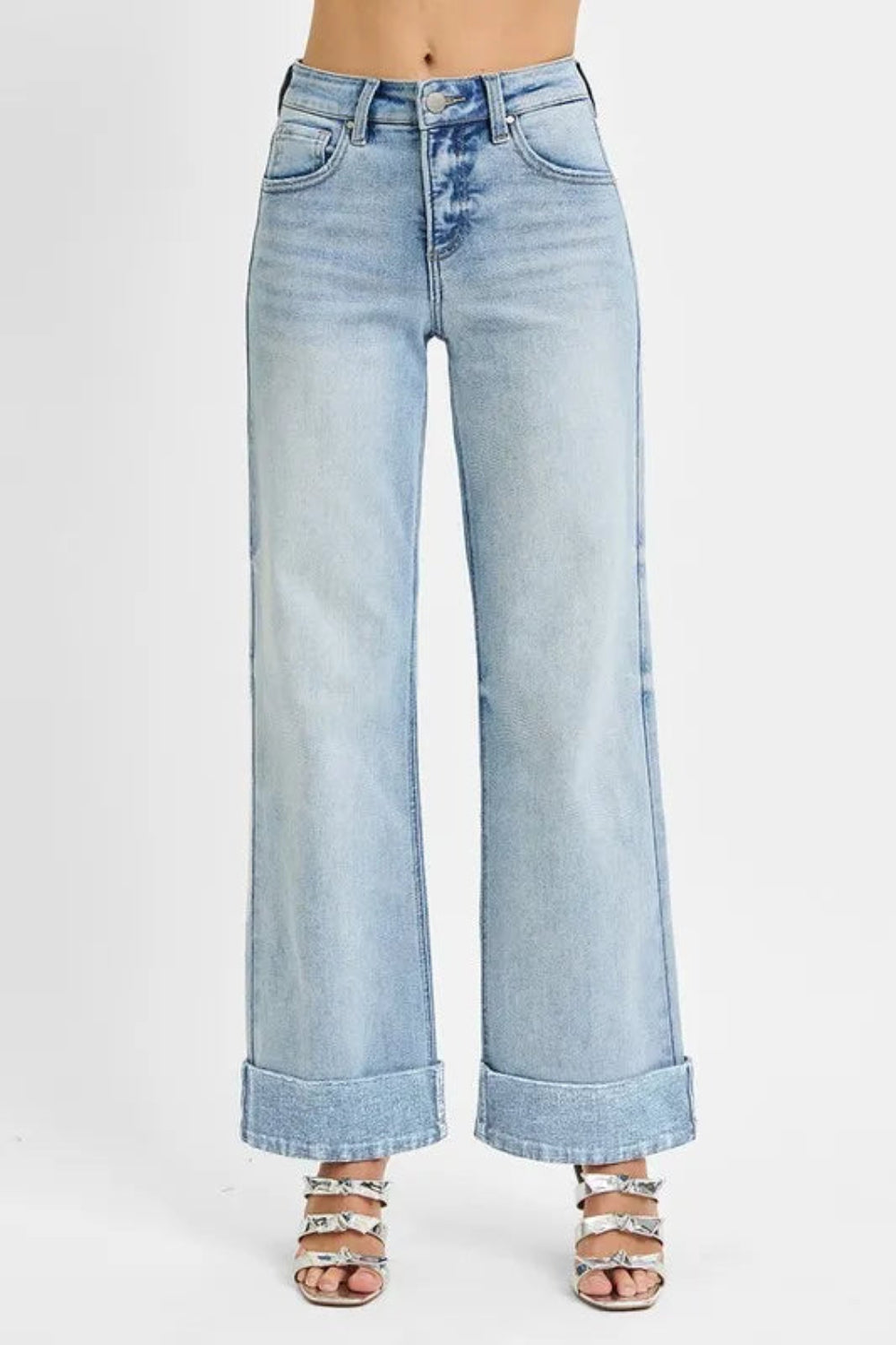 Wide cuffed high rise ankle jeans by Trendsi, made of denim, featuring a stylish high waist and relaxed fit with wide cuffs.