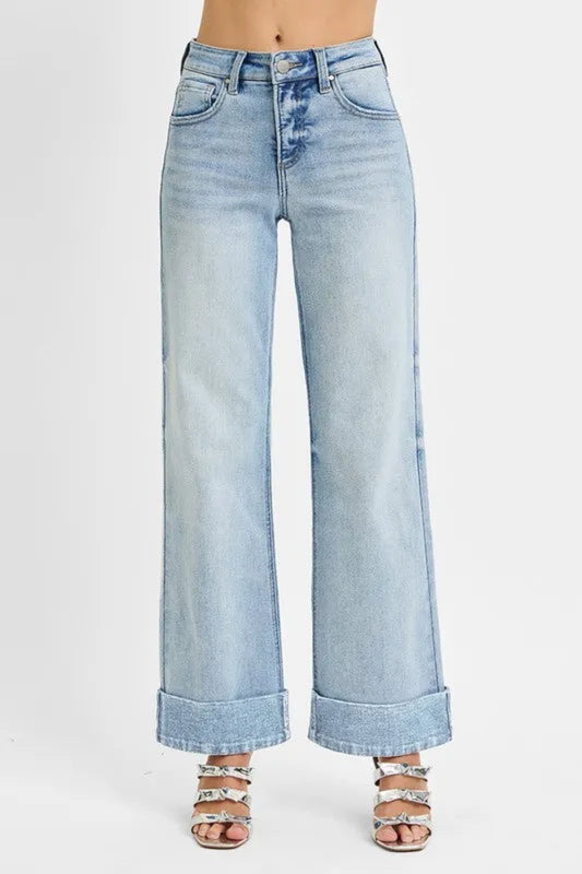 Wide cuffed high rise ankle jeans by Trendsi, made of denim, featuring a stylish high waist and relaxed fit with wide cuffs.