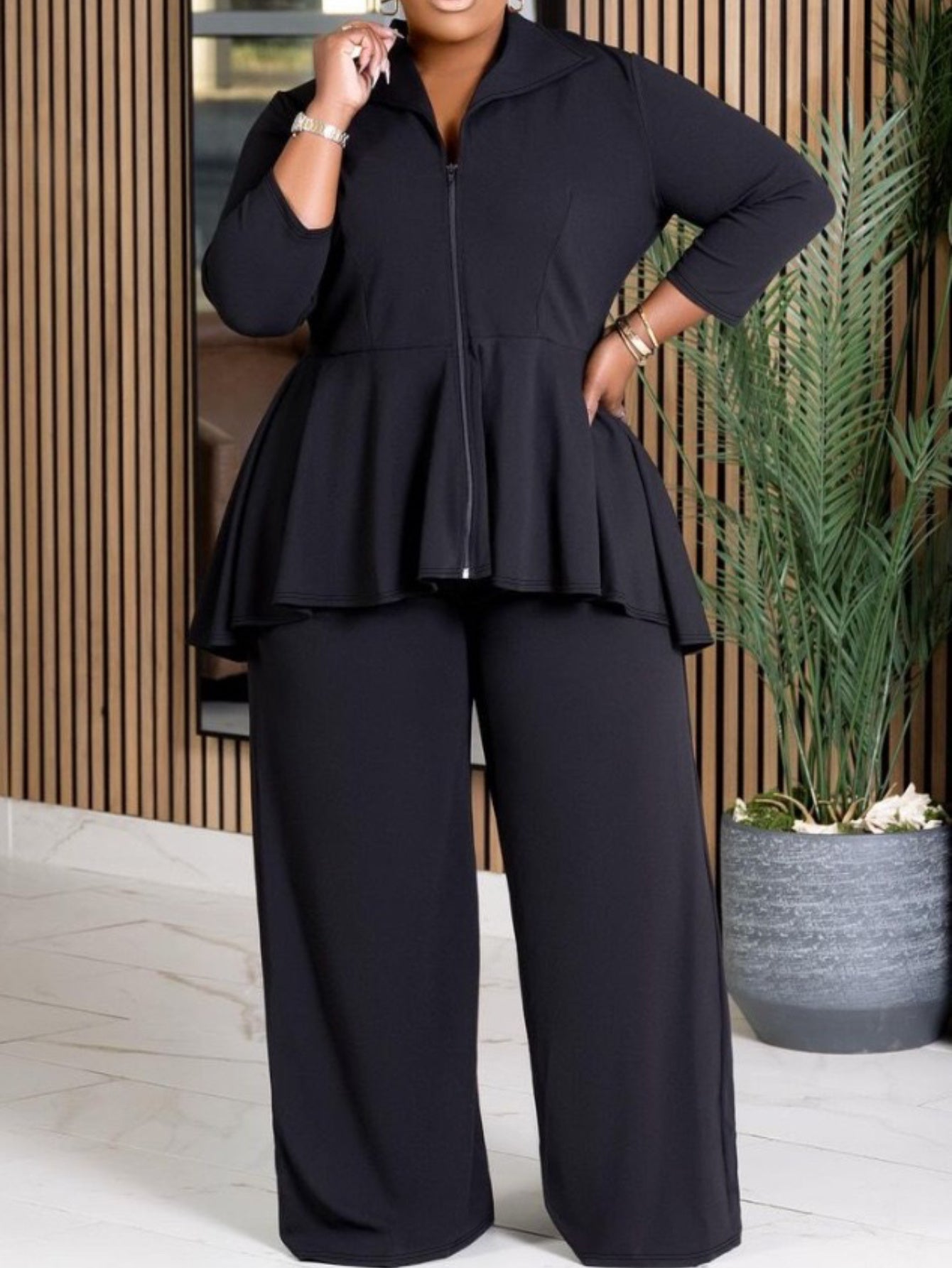 Collared Lapel Zipper Flare Waist Top & Wide-Leg Pants Set