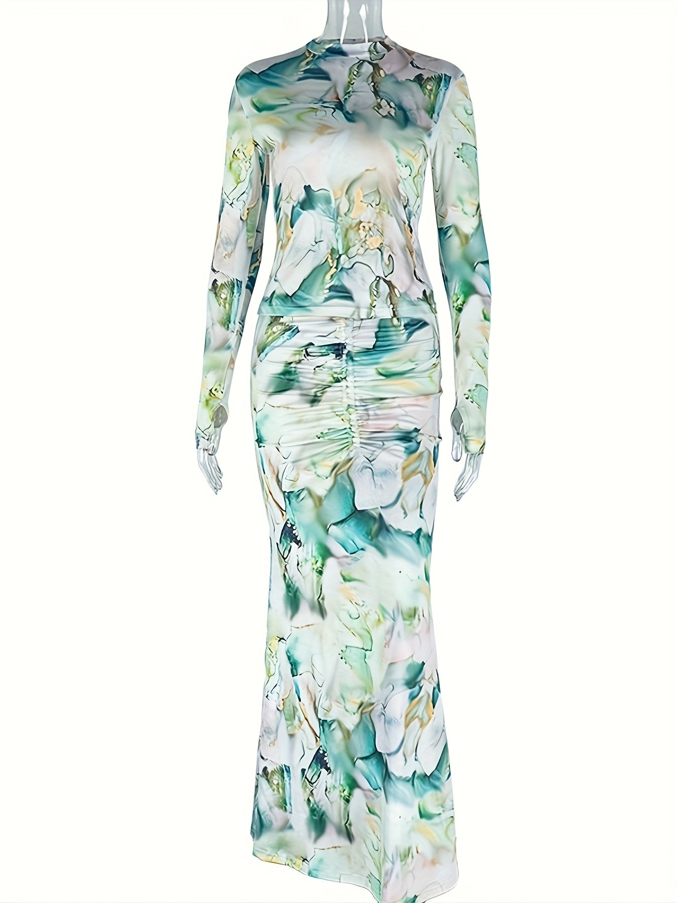 Mockneck Green Gradient Print Waist-Pleated Maxi Dress