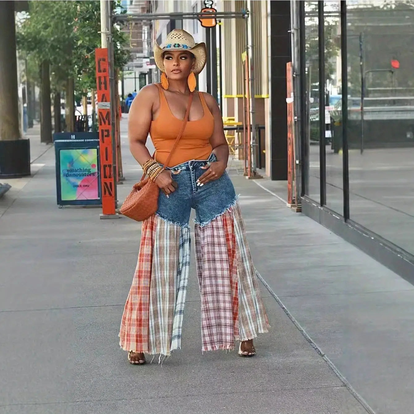 Blue Jean and Plaid Wide-Leg Jeans Toshe Women's Fashions