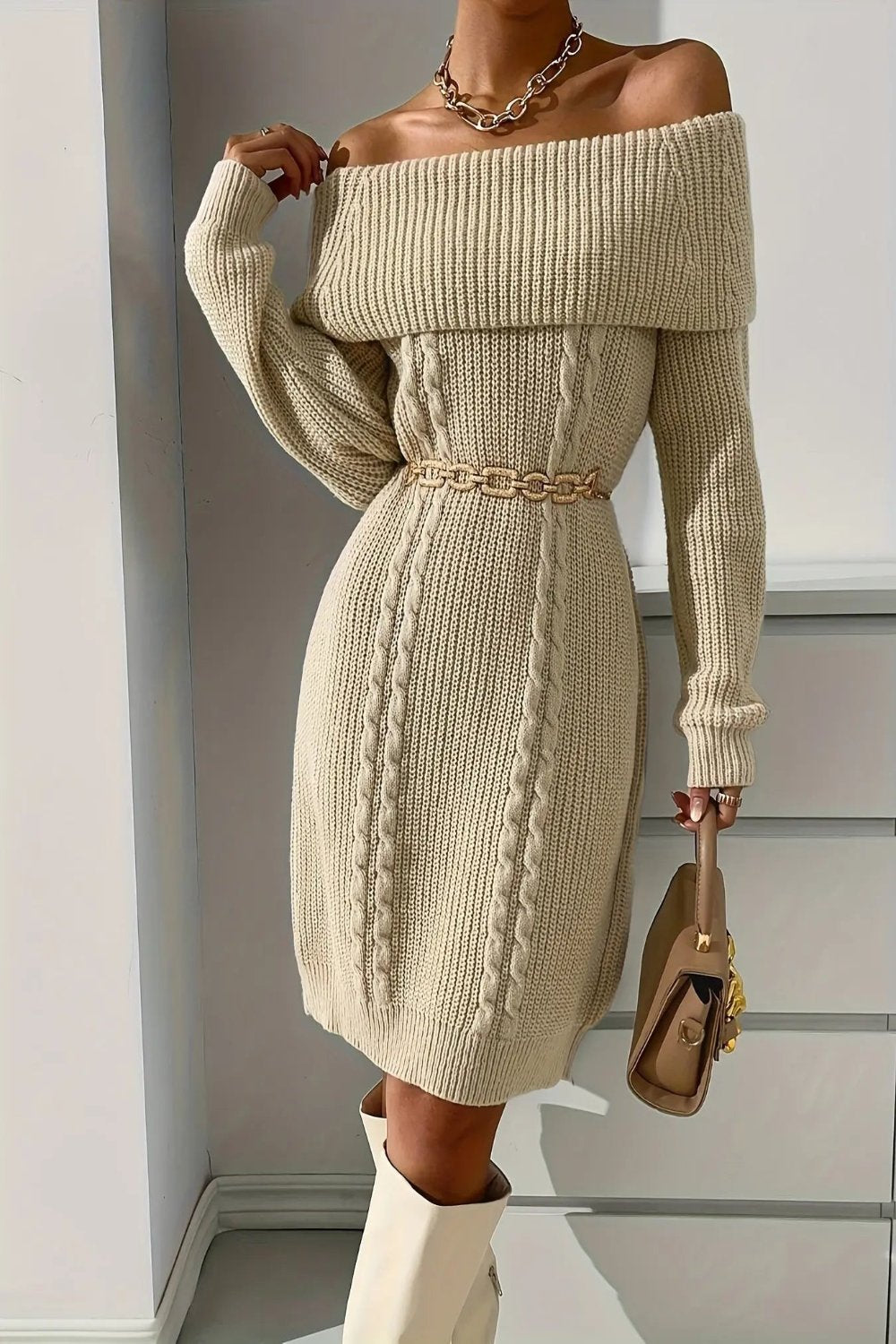 Plus Size Off Shoulder Sweater Dress, Stylish Cable Knit Long Sleeve Sweater Dress. Toshe Womens Fashion