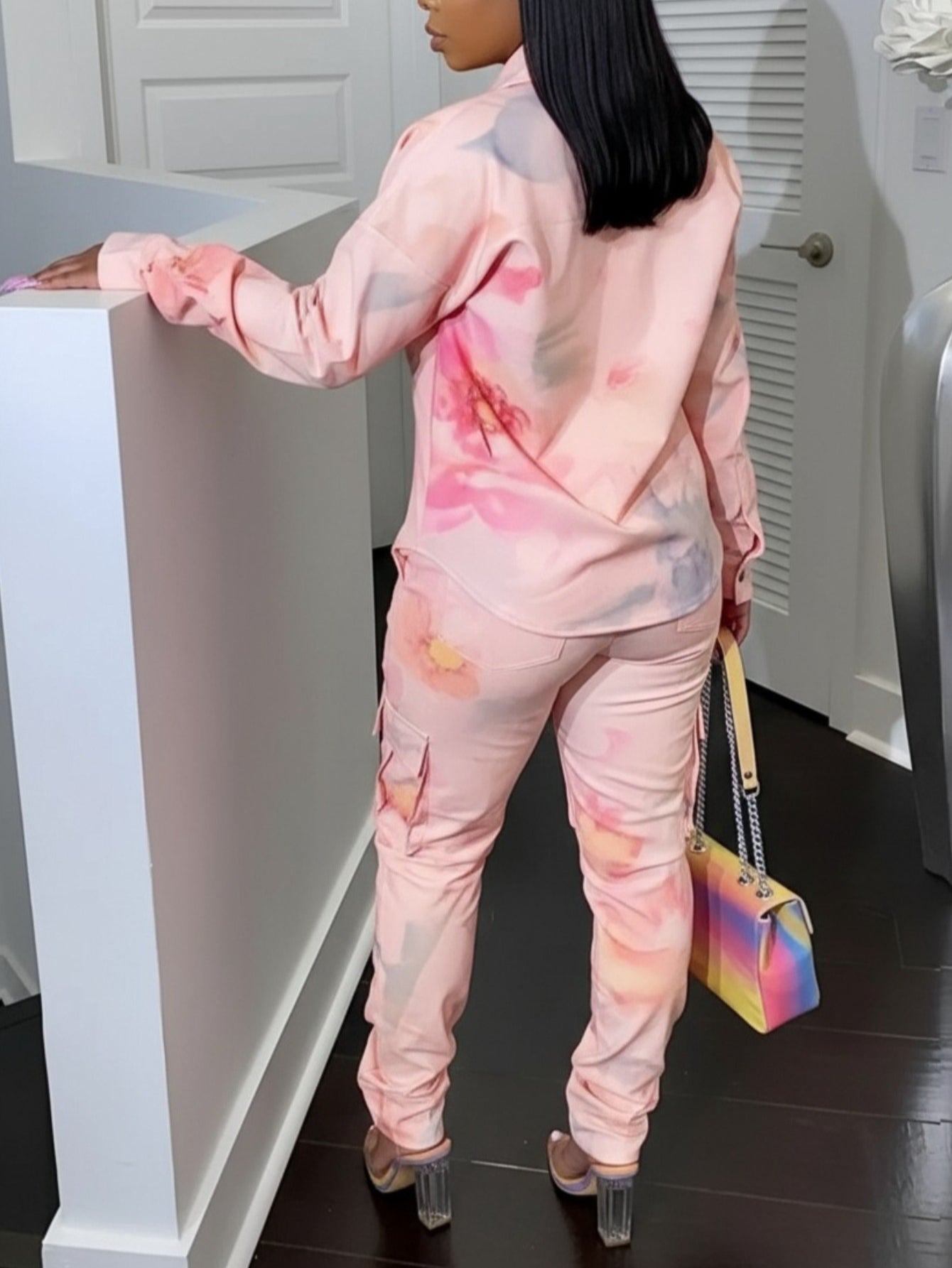 Pink Tie-Dye Button-Front Jacket & Cargo Pocket Pants Set