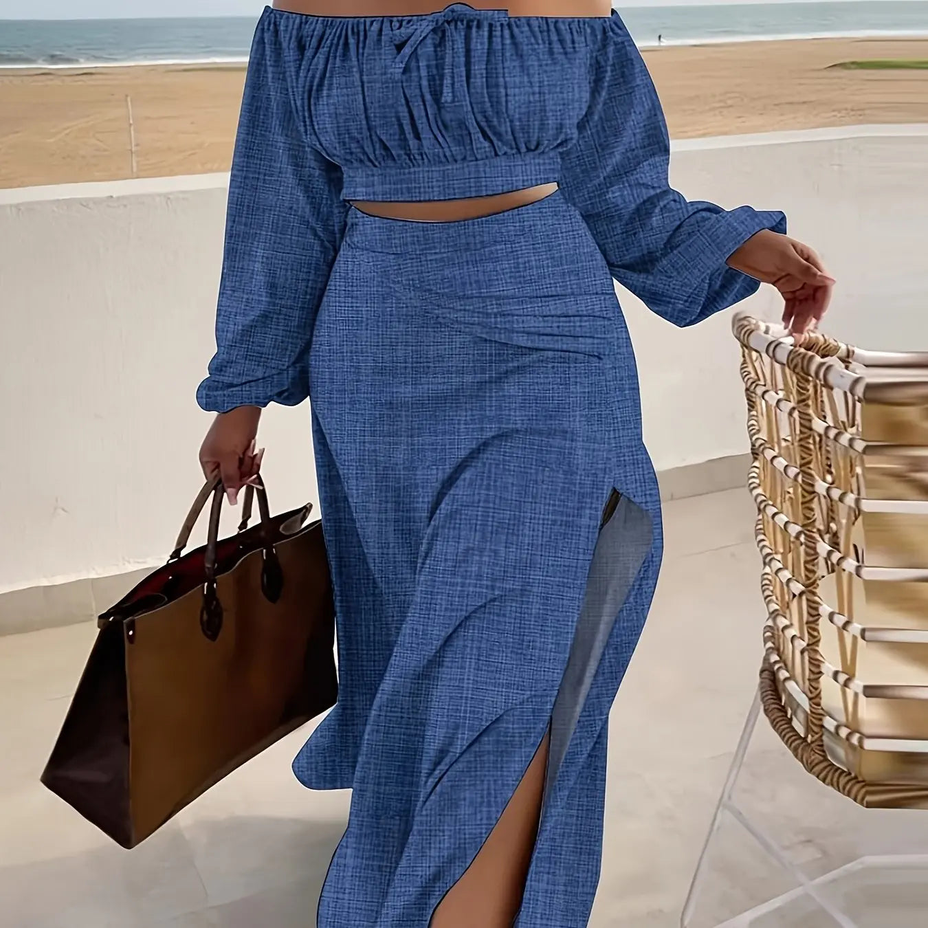 Off Shoulder Crop Top and Side Slit Skirt Set Toshe Women's Fashions