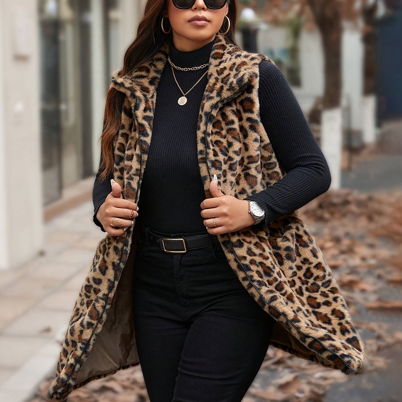 Leopard Print Faux Rabbit Fur Sleeveless Vest