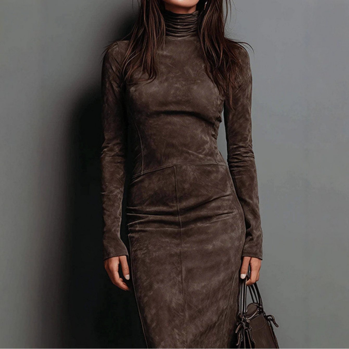 Faux Suede Bodycon Dress with High Neck