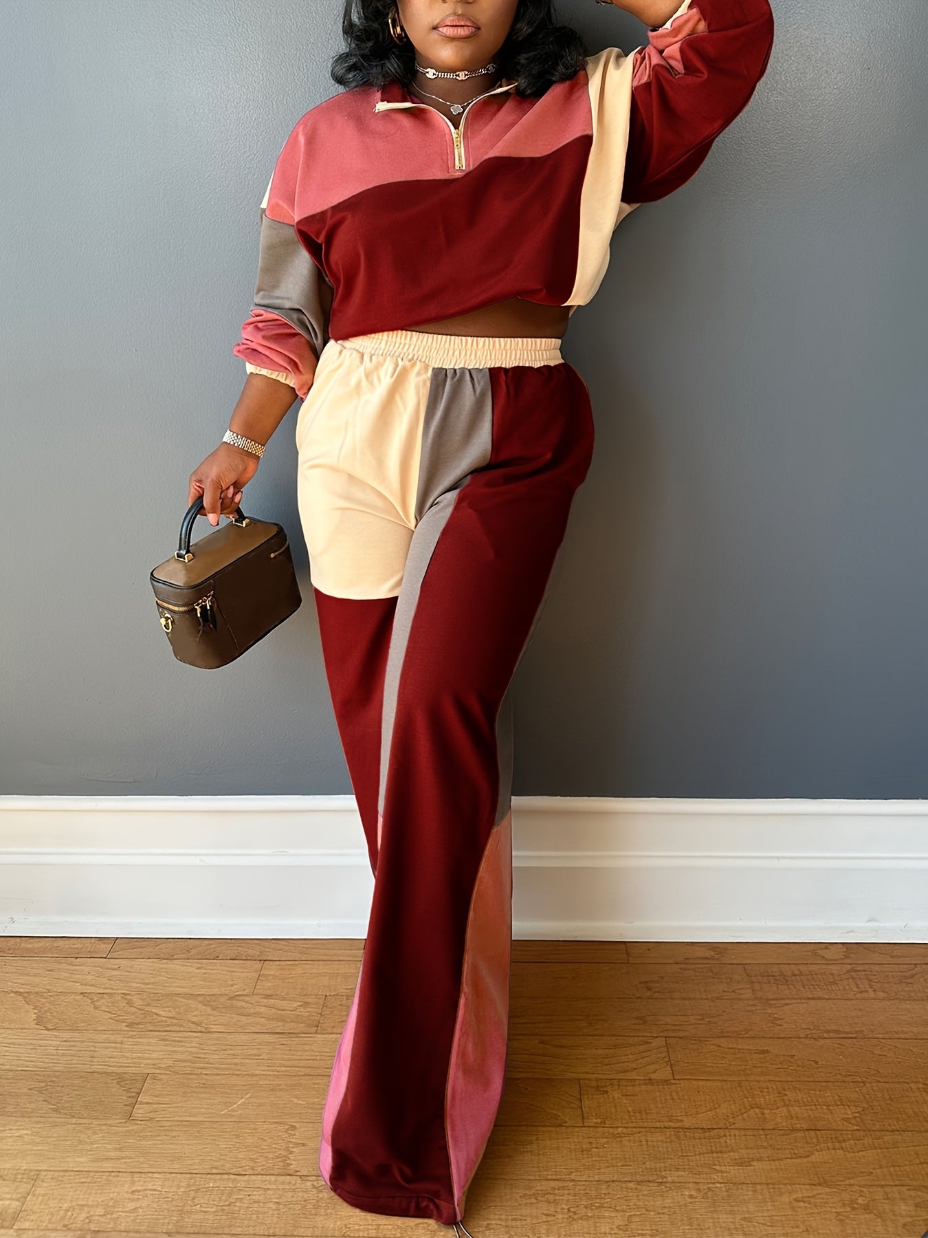 Color Block Cropped Zip Hoodie & High Waist Pants Set