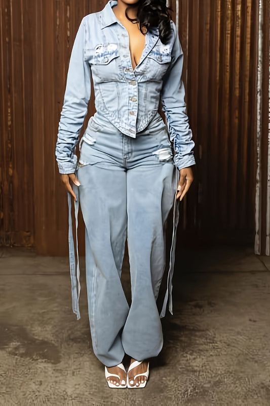 Cropped Denim Jacket with Tied Wrists & Wide-Leg Ripped Jeans Set – 2-Piece Streetwear Outfit