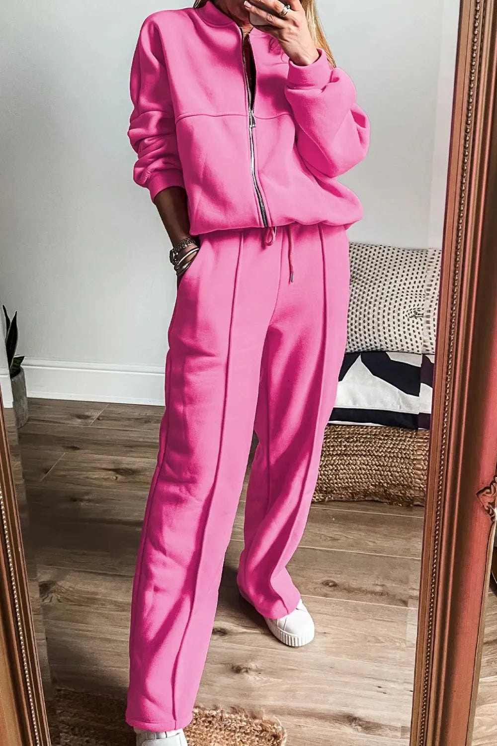 Trendsi zip-up long sleeve top and matching pants set, casual outfit, soft fabric, with front zipper and fitted style.