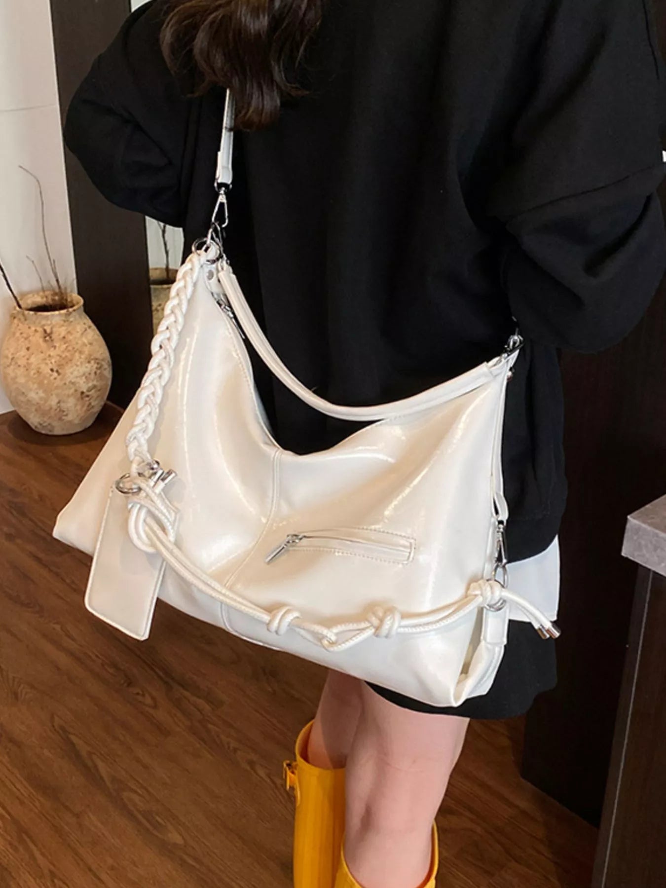 Vintage braided strap shoulder handbag with woven design, Trendsi brand, featuring a stylish and spacious hand-held bag.