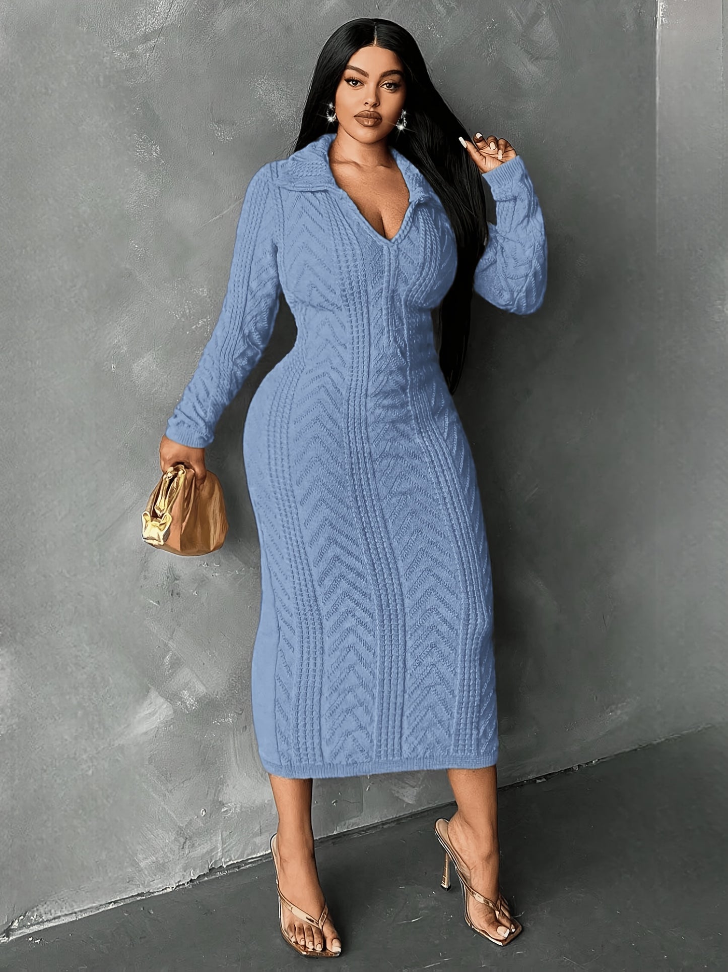 Blue Ribbed Sweater Dress – V-Neck, Collared, Long Sleeve Knit Dress for Women