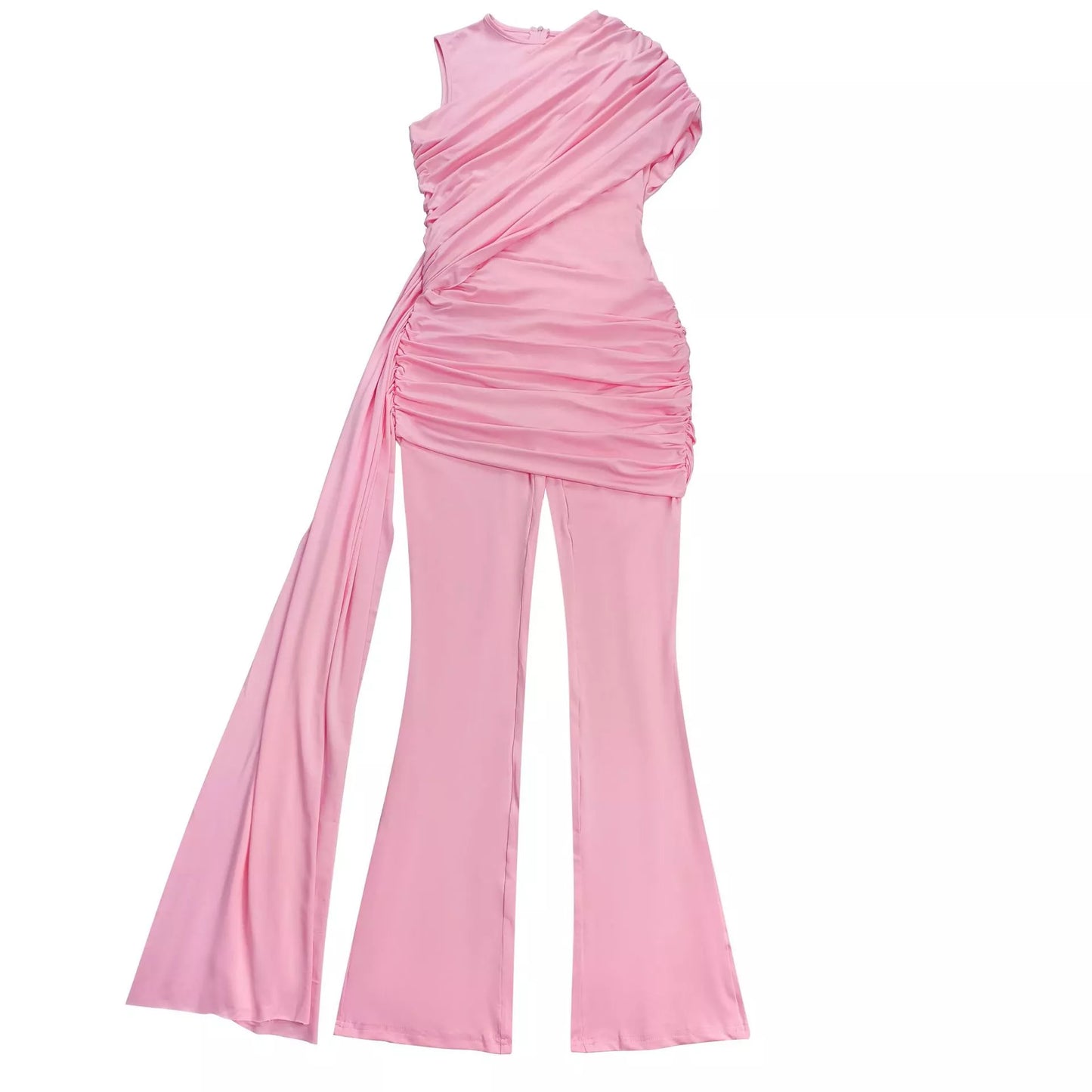 Black ruched one-shoulder flare leg jumpsuit for after 5 occasions, featuring a fitted bodice and flowing pant legs.
