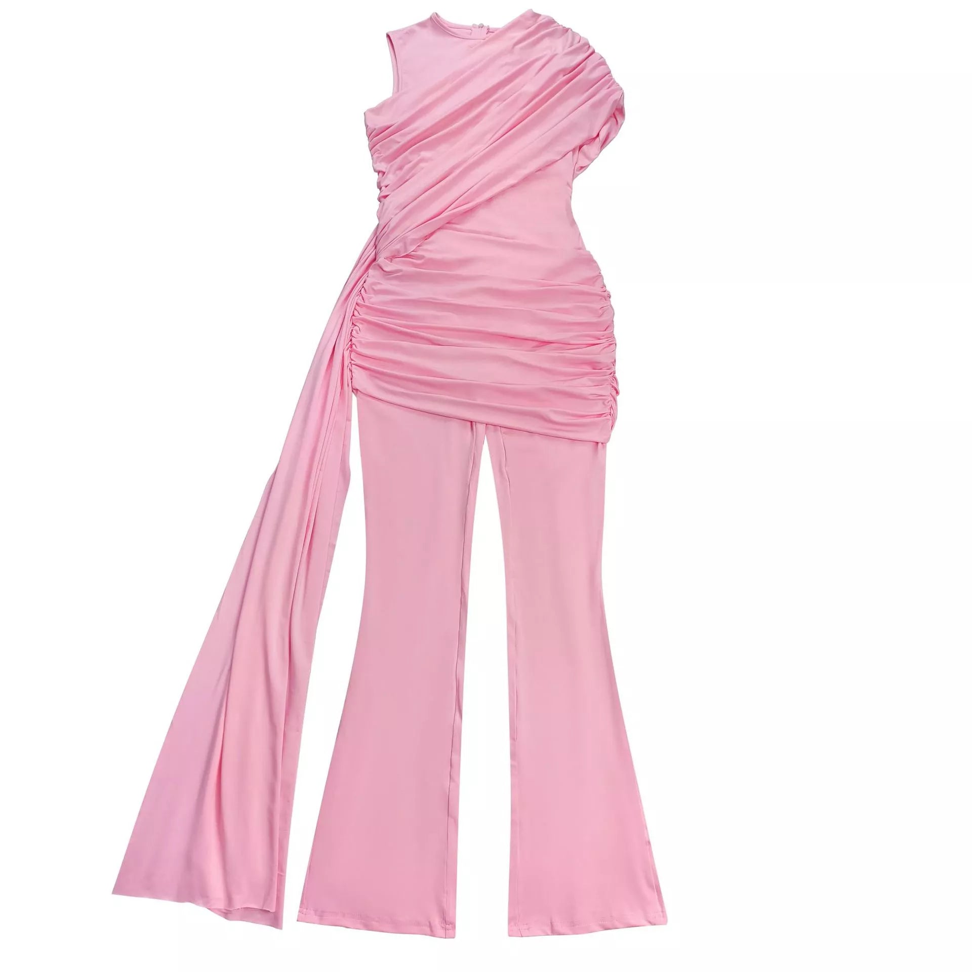 Black ruched one-shoulder flare leg jumpsuit for after 5 occasions, featuring a fitted bodice and flowing pant legs.
