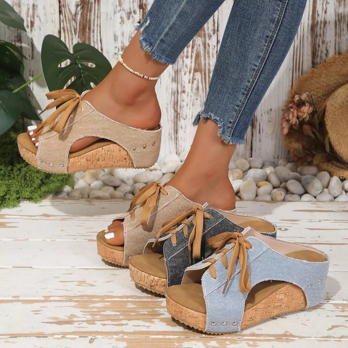 Lace-up wedge sandals from Trendsi featuring a stylish design with tied laces and a comfortable wedge heel.
