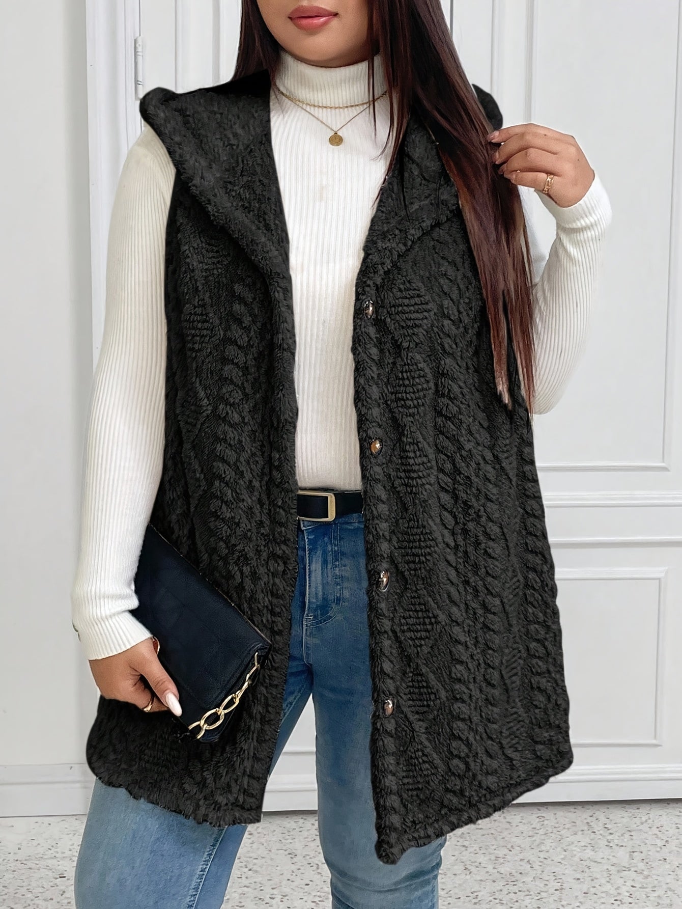 Hooded Fleece-Lined Faux Button Sleeveless Vest