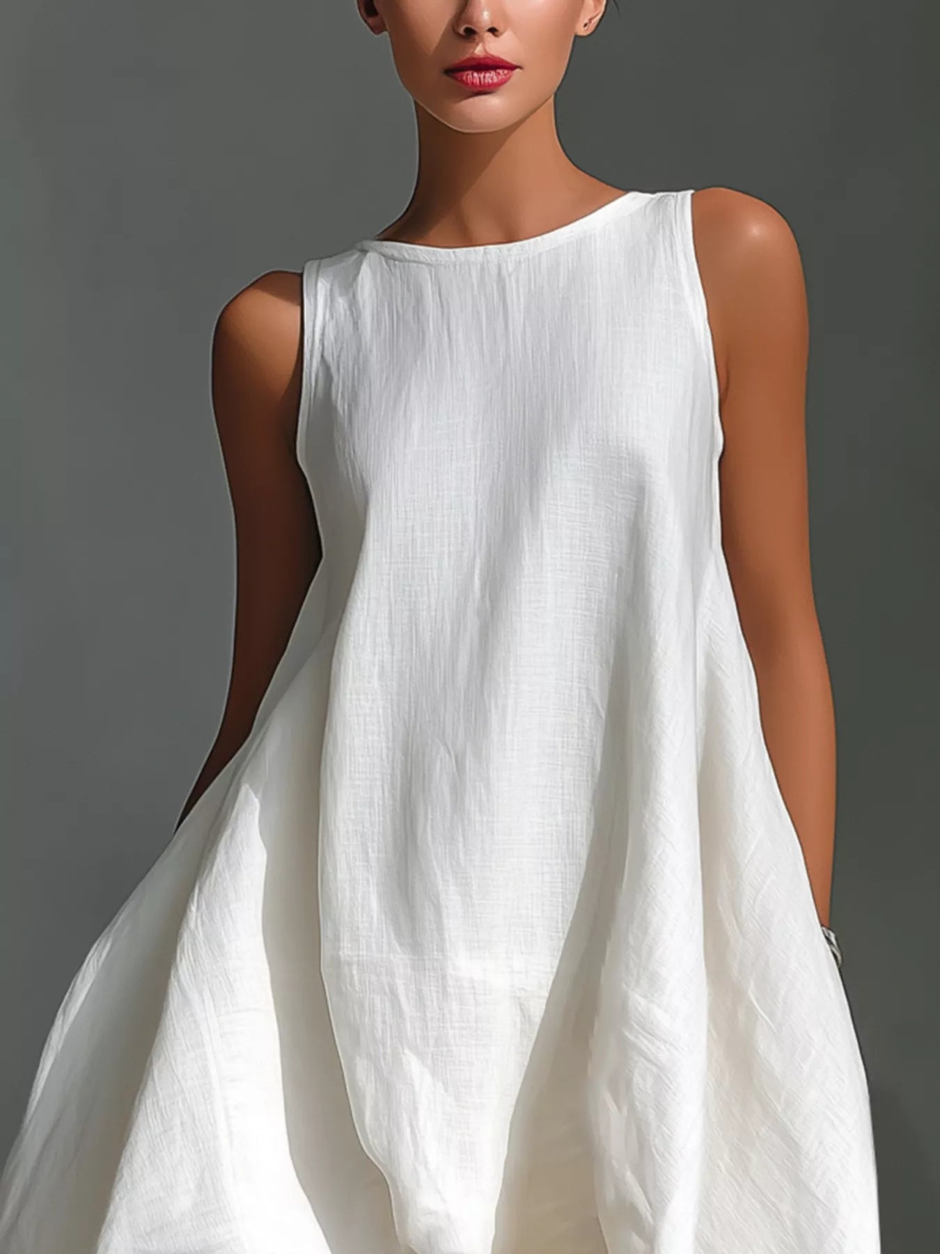 Sleeveless high-low round neck dress by Trendsi, featuring a flowing design and stylish silhouette for casual or semi-formal wear.