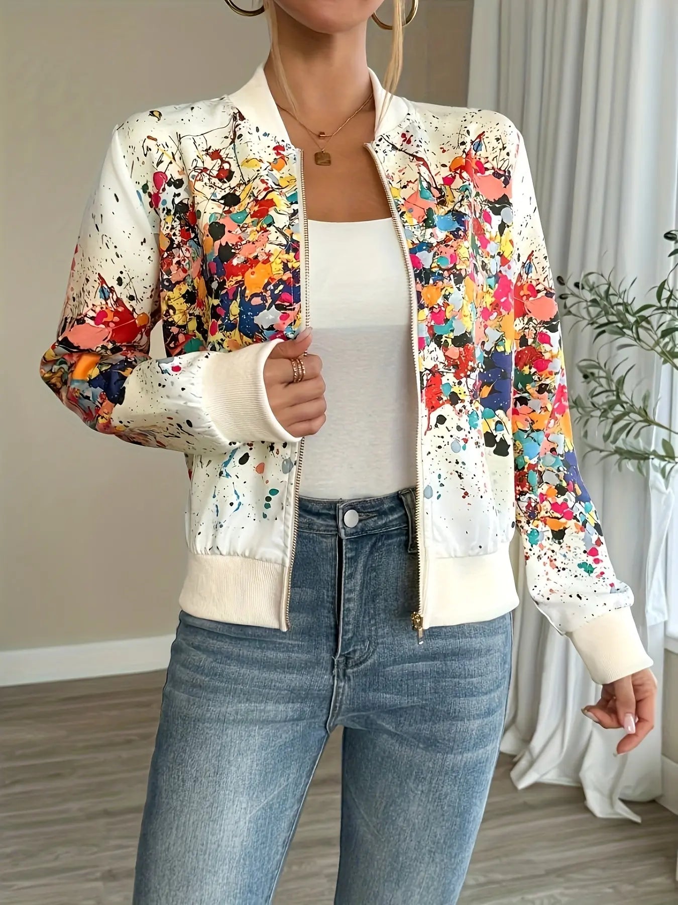 Splash Paint Print Zipper Jacket Toshe Women's Fashions