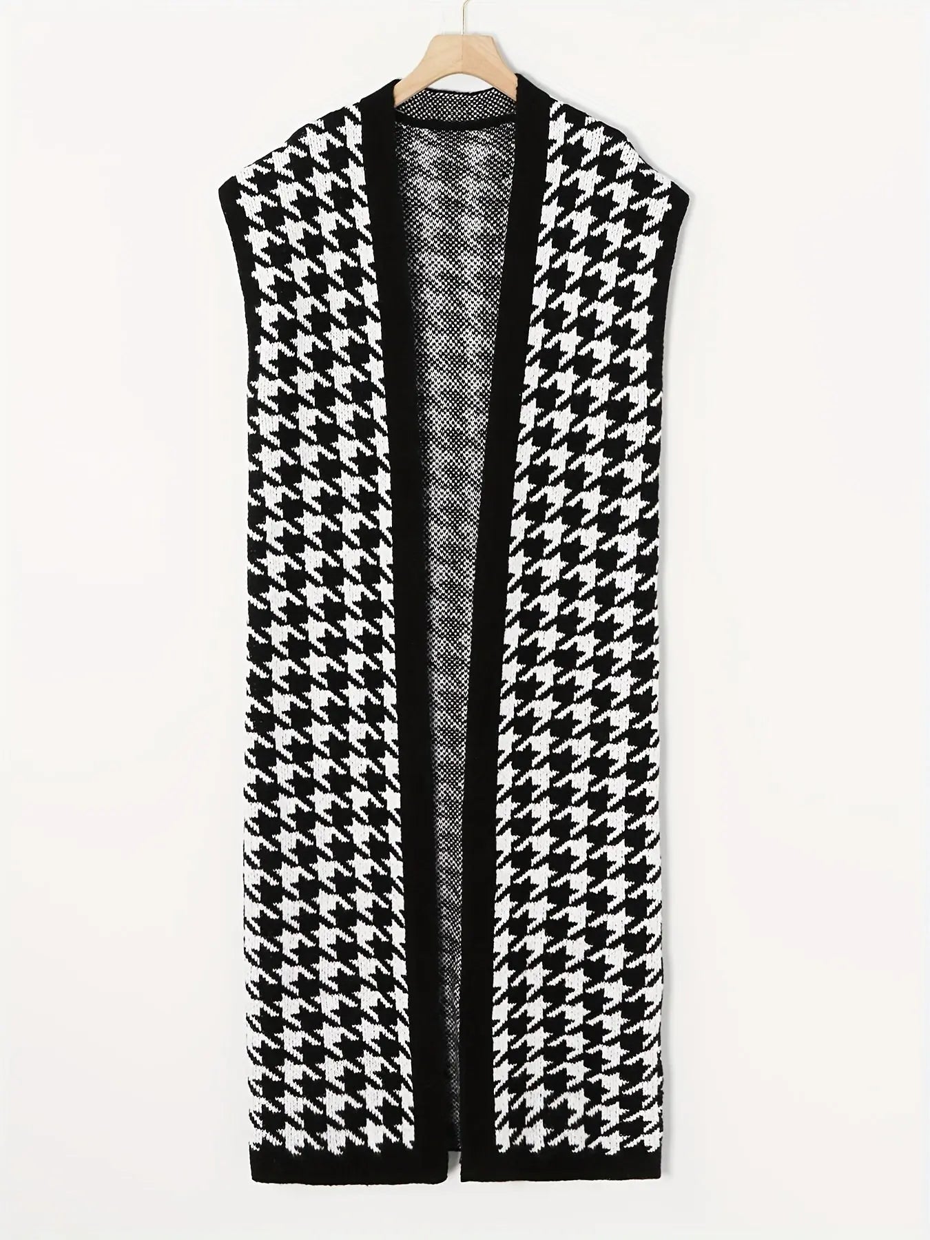 Houndstooth Open Front Longline Cardigan, Elegant Sleeveless Cardigan For Fall & Winter Toshe Womens Fashion