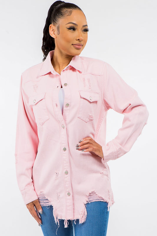 Pink Frayed Hem Distressed Denim Jacket - Toshe Women's Fashions