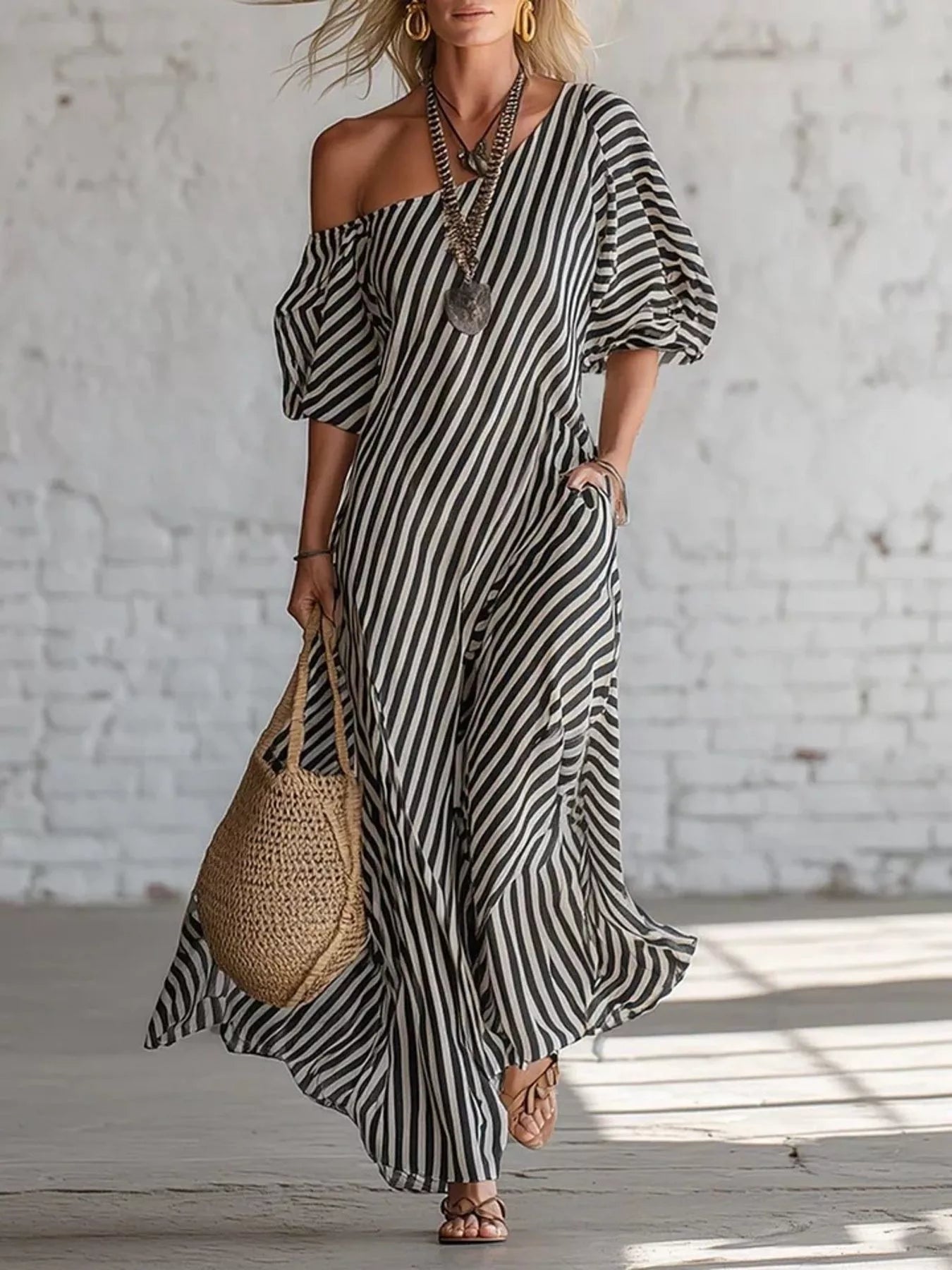 Striped one-shoulder maxi dress from Trendsi featuring bold vertical stripes and flowing fabric, stylish and elegant for summer wear.