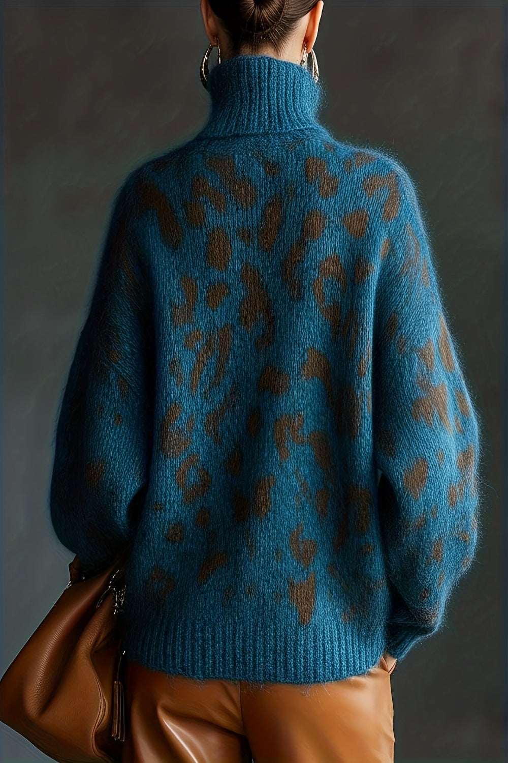 Oversized Leopard Print Turtleneck Sweater