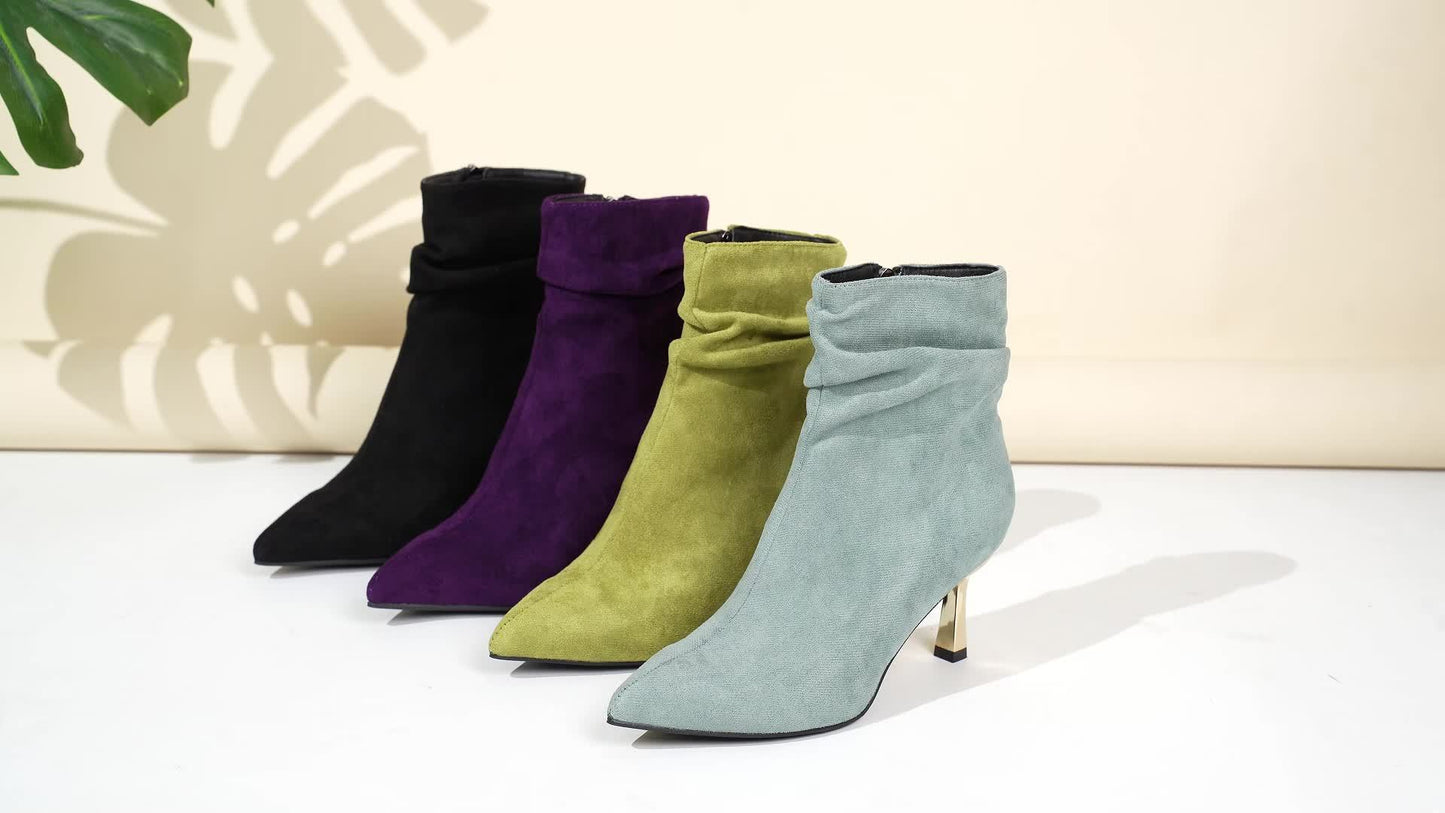 Faux Suede Stiletto Gold Heel Ankle Boots