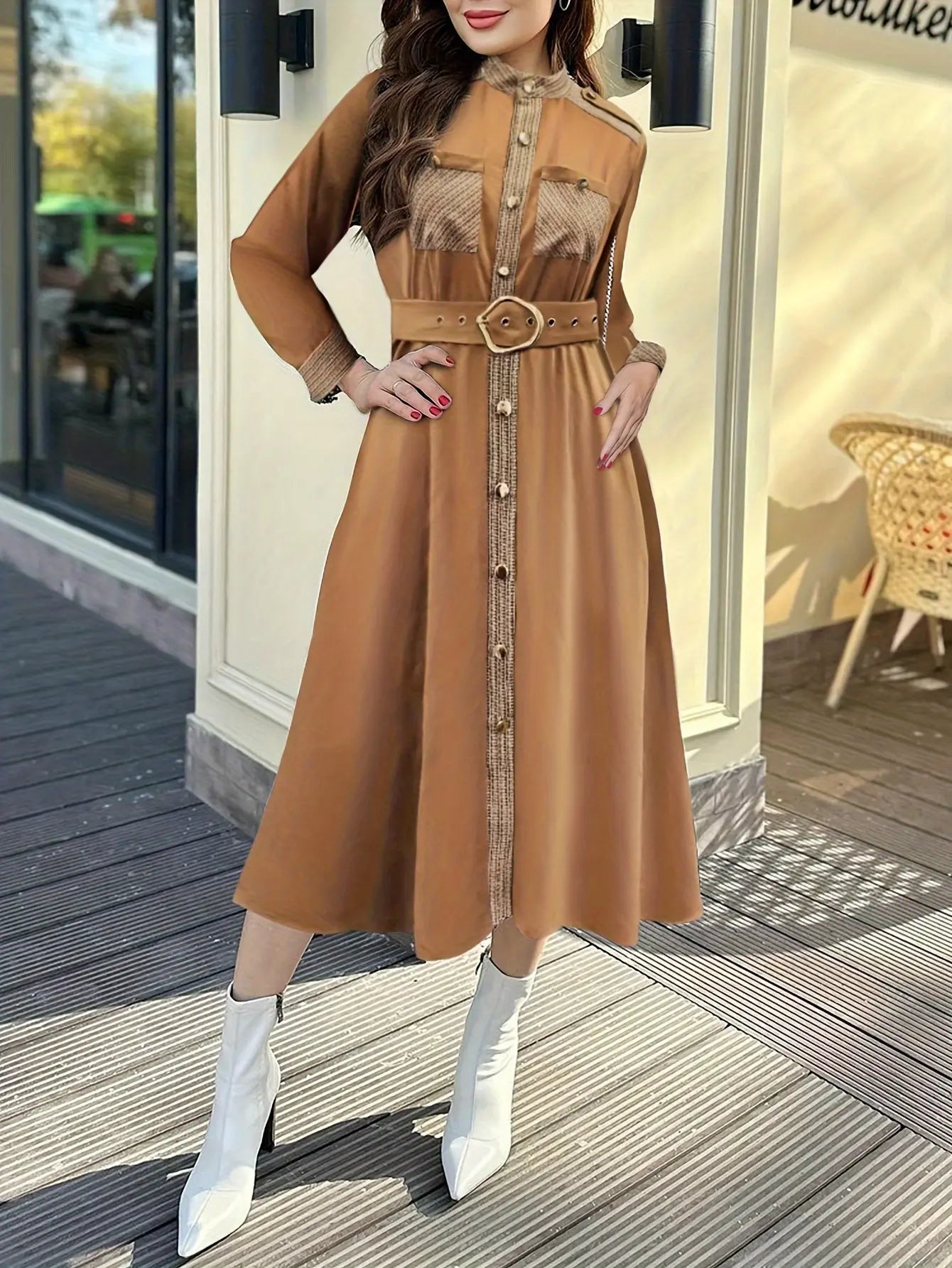 Plus Size Elegant Midi Dress - Solid Color Splicing, Long Sleeve, Mock Neck, Belted, Epaulets, Flattering Silhouette, Comfortable fit. Toshe Women's Fashions