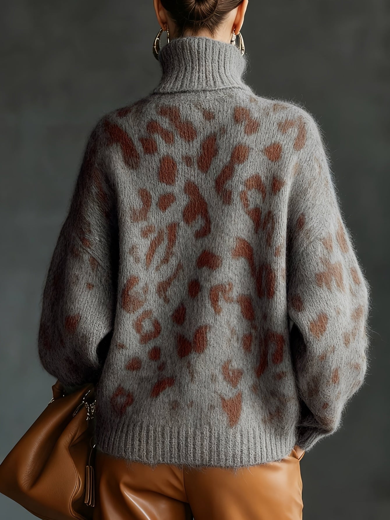 Oversized Leopard Print Turtleneck Sweater