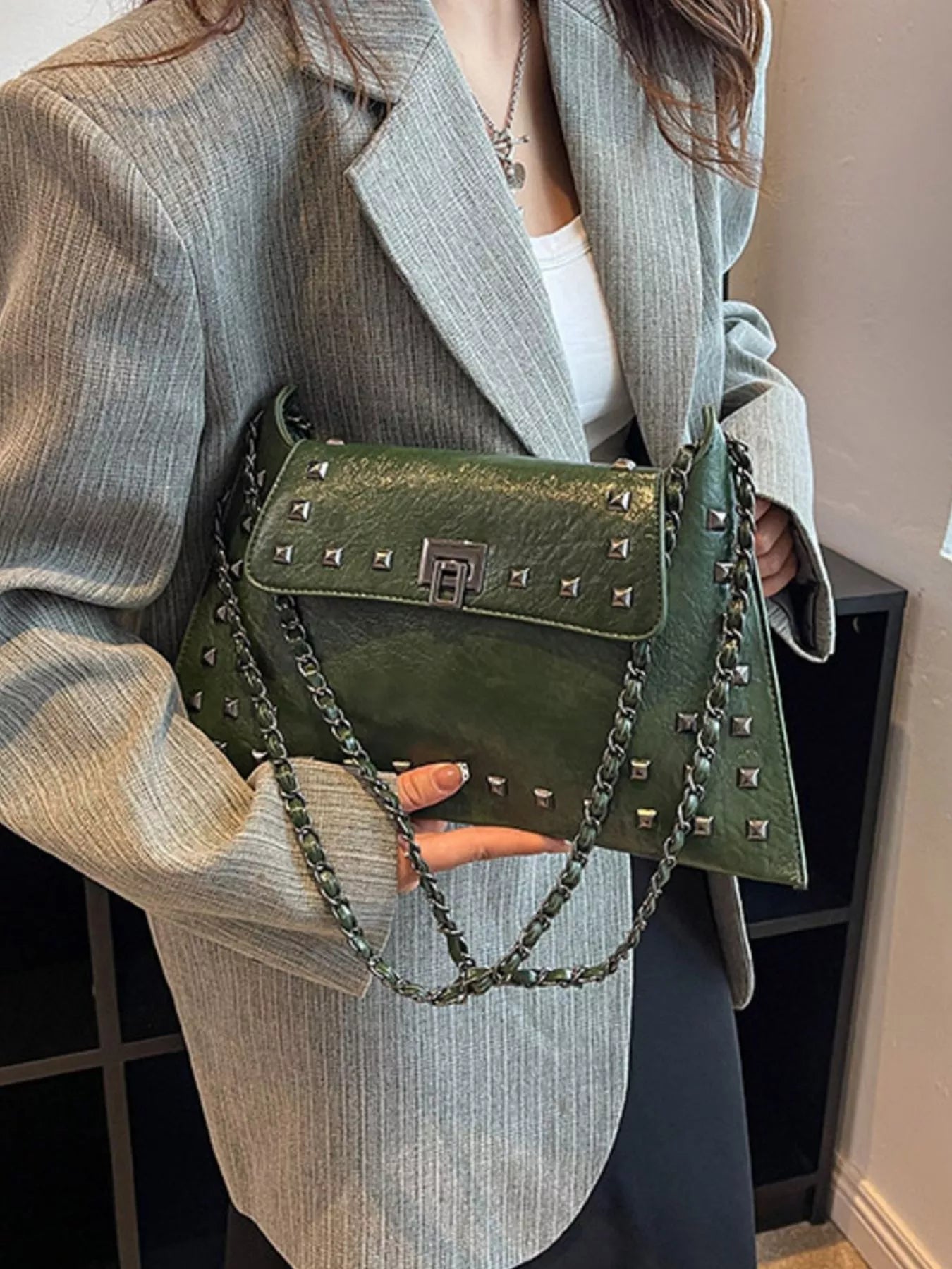 Studded flap chain shoulder bag, trendy handbag with chain strap and studded design, perfect for stylish everyday use