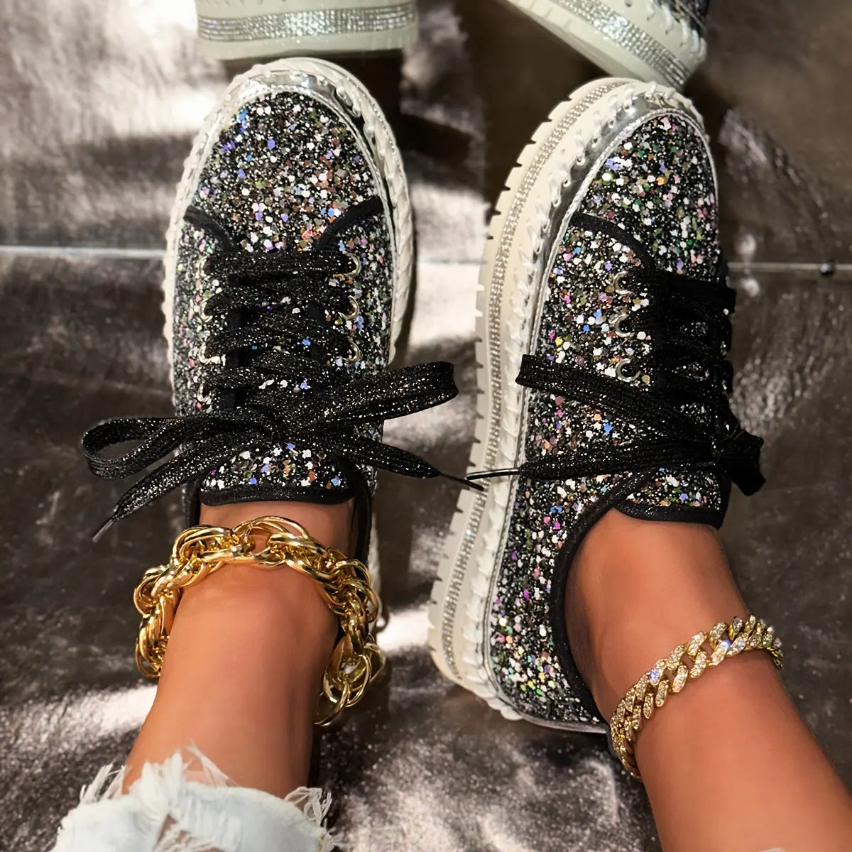 Rhinestone Glitter Low-Top Sneakers Toshe Women's Fashions