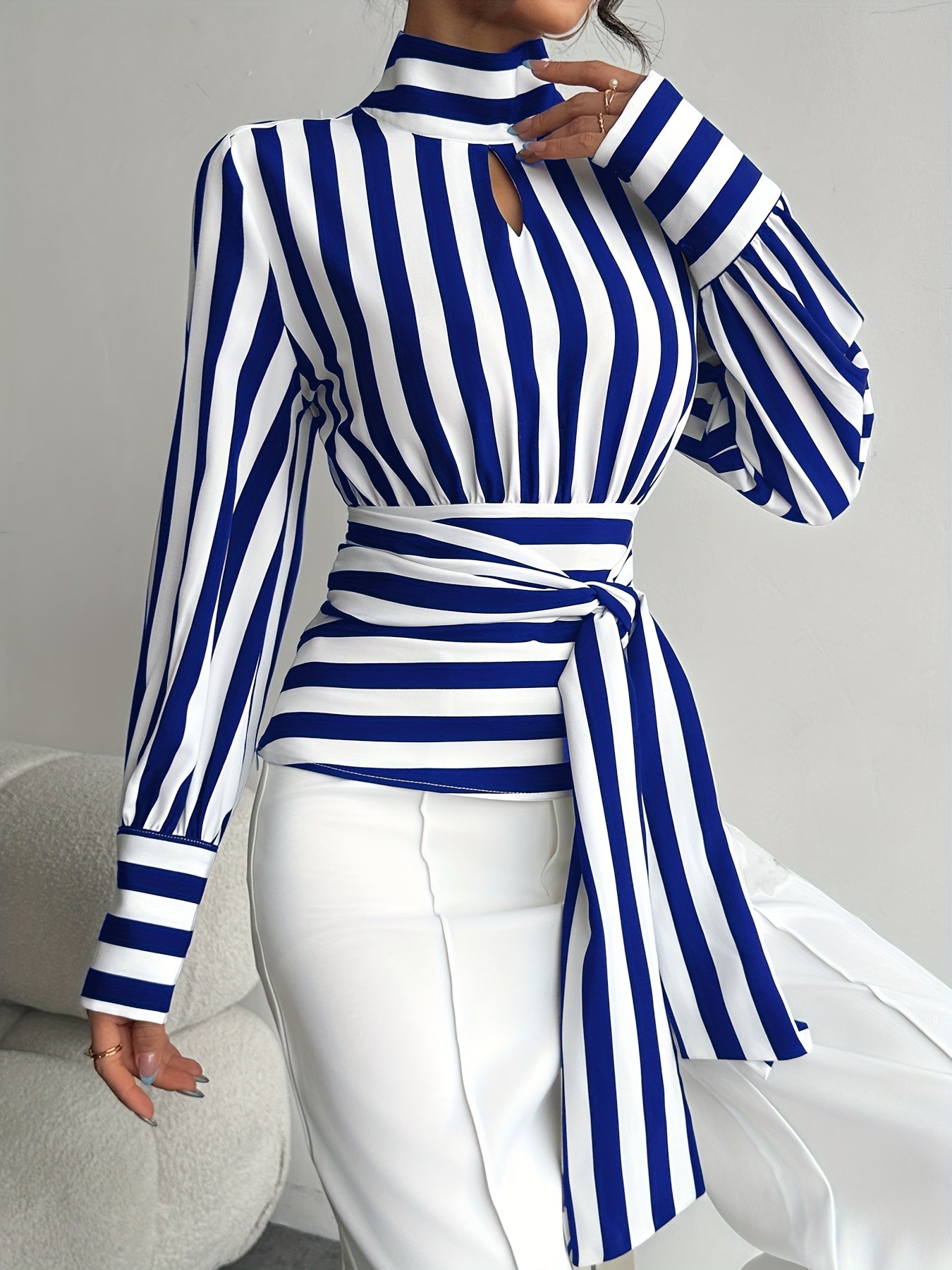 Elegant High-Neck Stripe Blouse – Adjustable Waist Tie, Long Sleeves & Smooth Fabric