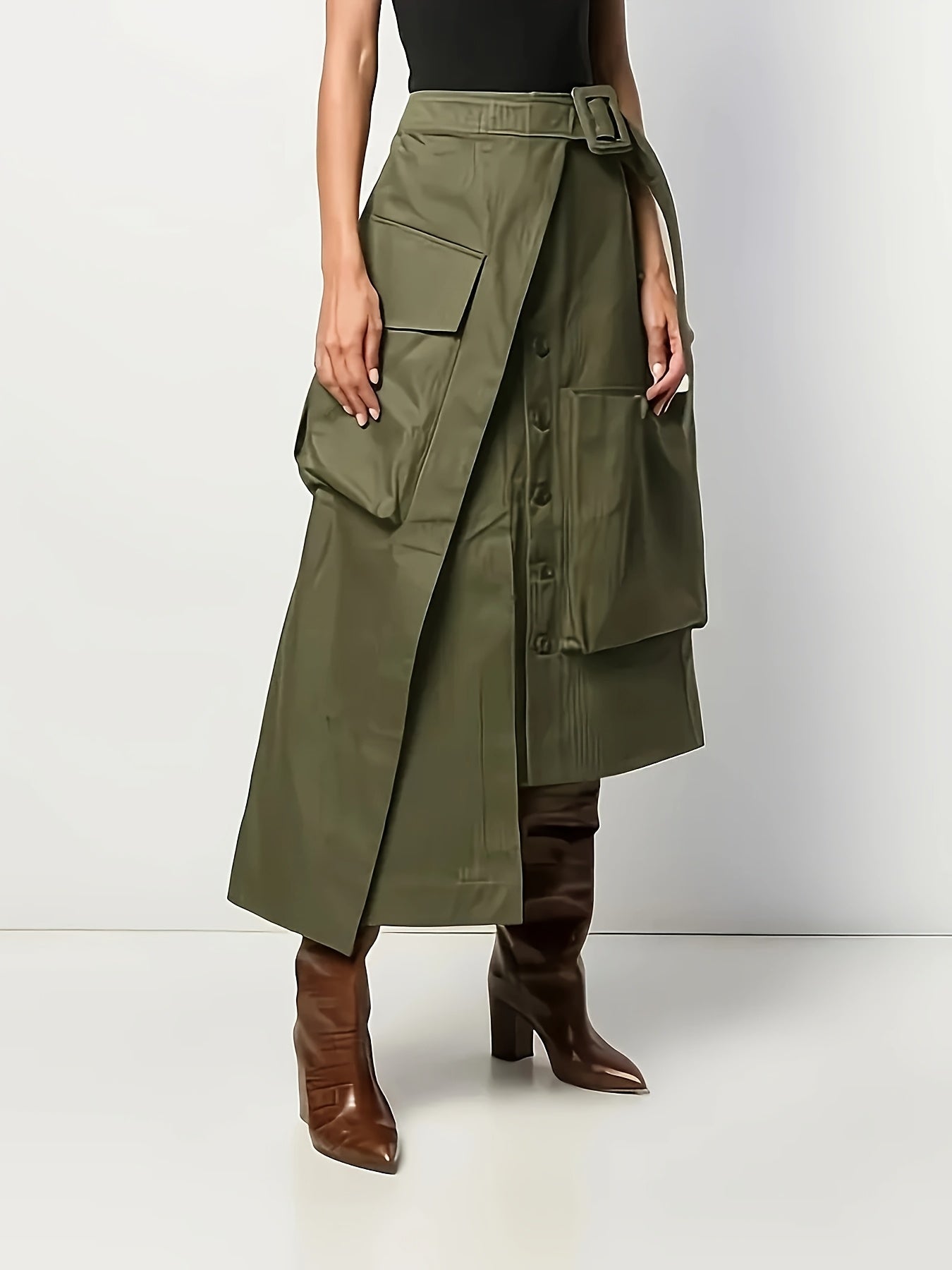 Olive Green Cargo Skirt with Multiple Pockets – Trendy Utility Street-Style