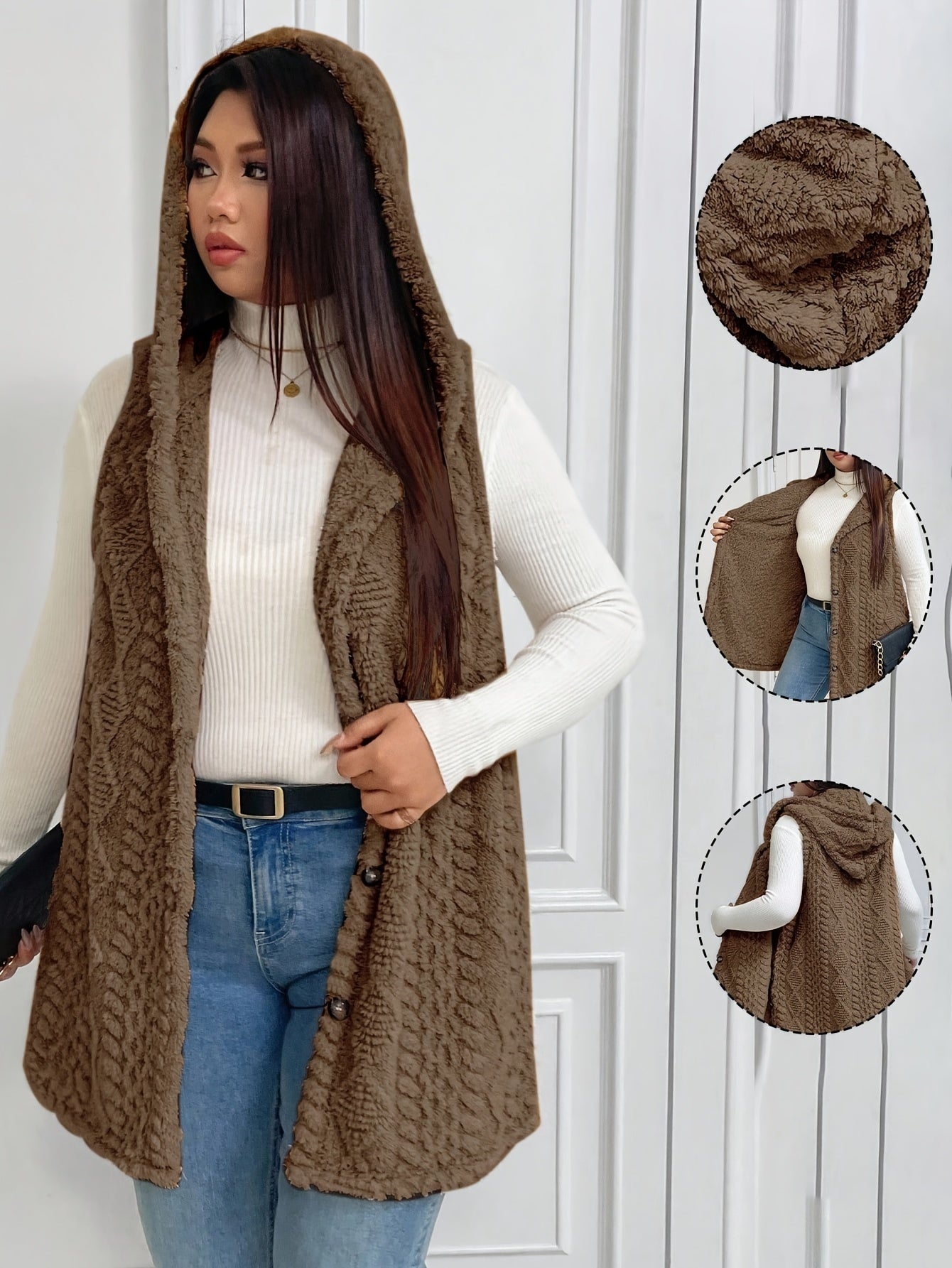 Hooded Fleece-Lined Faux Button Sleeveless Vest
