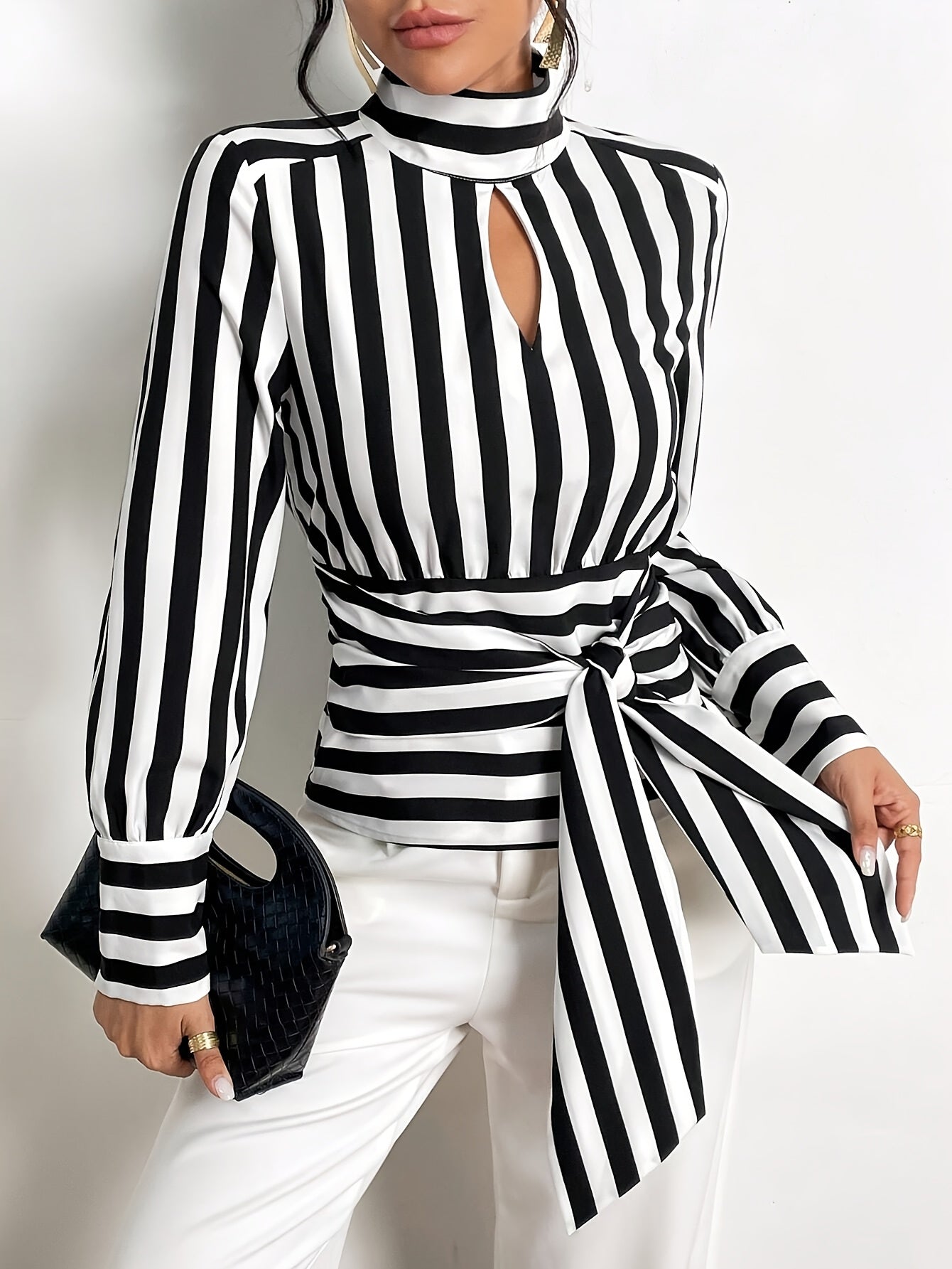 Elegant High-Neck Stripe Blouse – Adjustable Waist Tie, Long Sleeves & Smooth Fabric