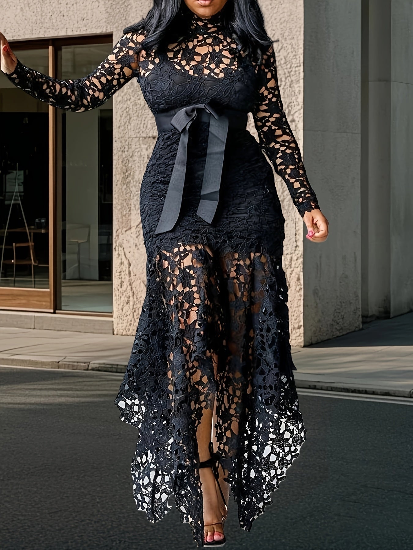 Lace Embroidered Belted Midi Dress – Asymmetrical Hem & Romantic Detailing