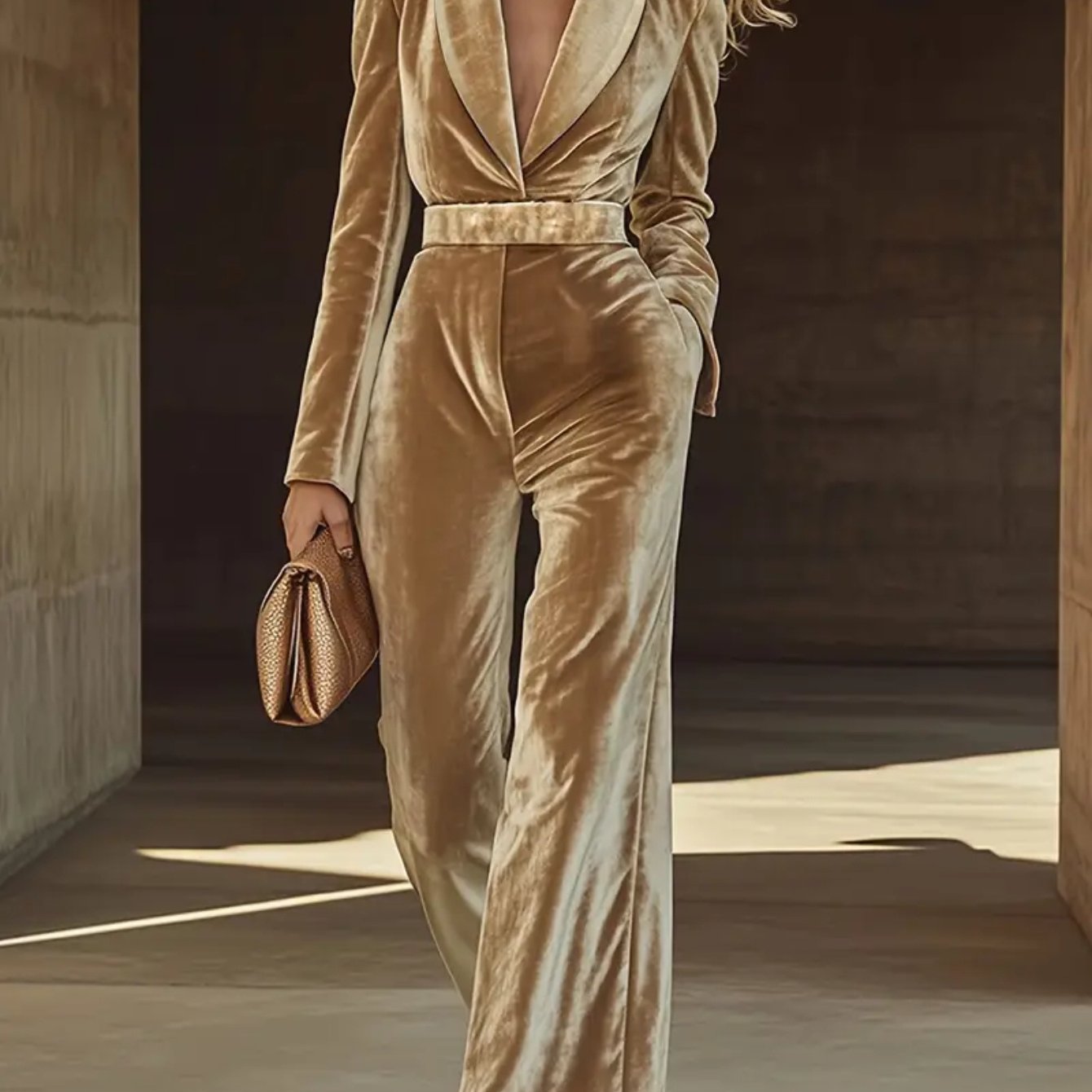 Khaki Velvet Suit Collar with a Belt Wide-leg Jumpsuit