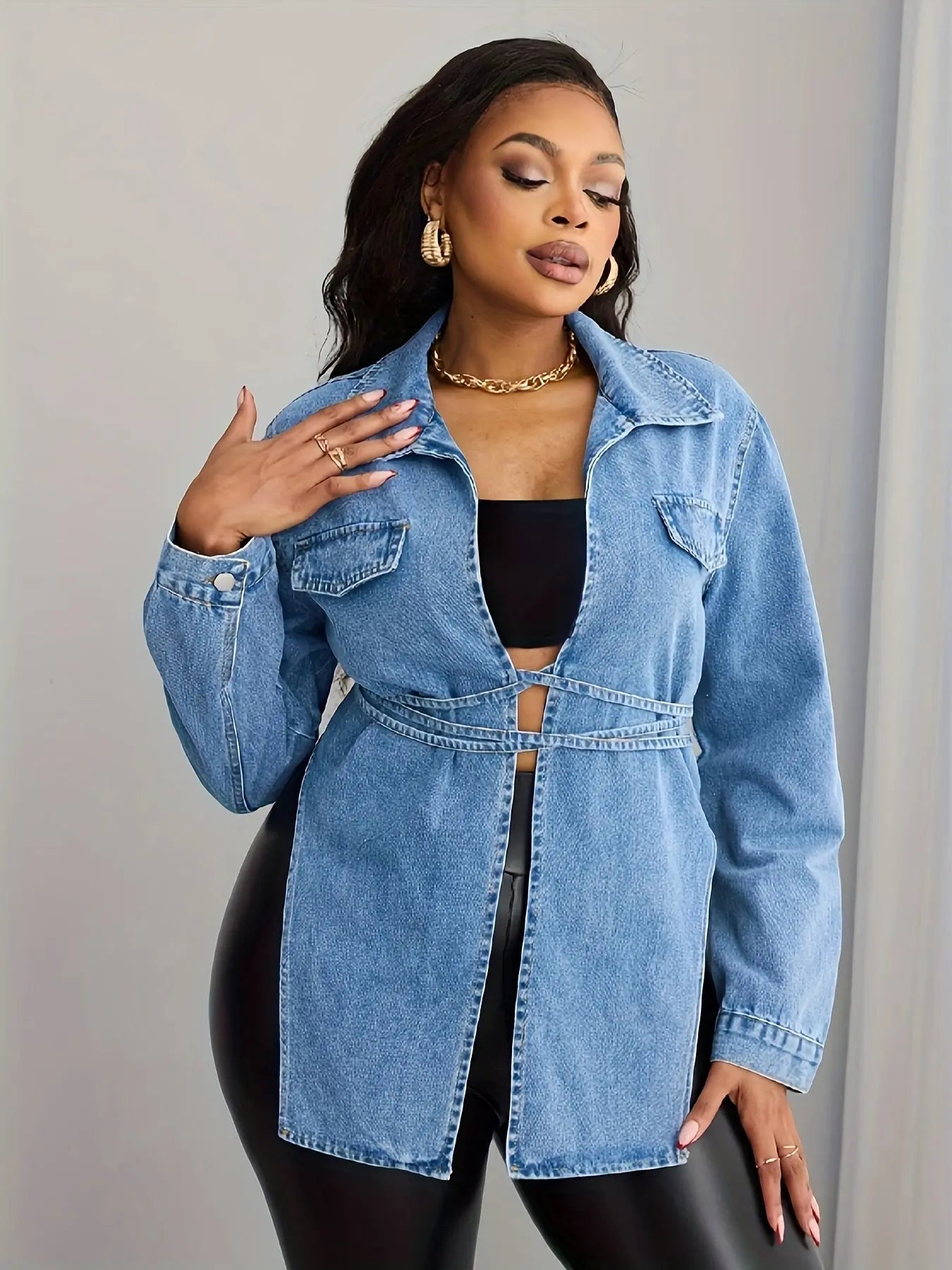 Light Blue Denim Tie-Up withSplits Denim Jacket Toshe Women's Fashions