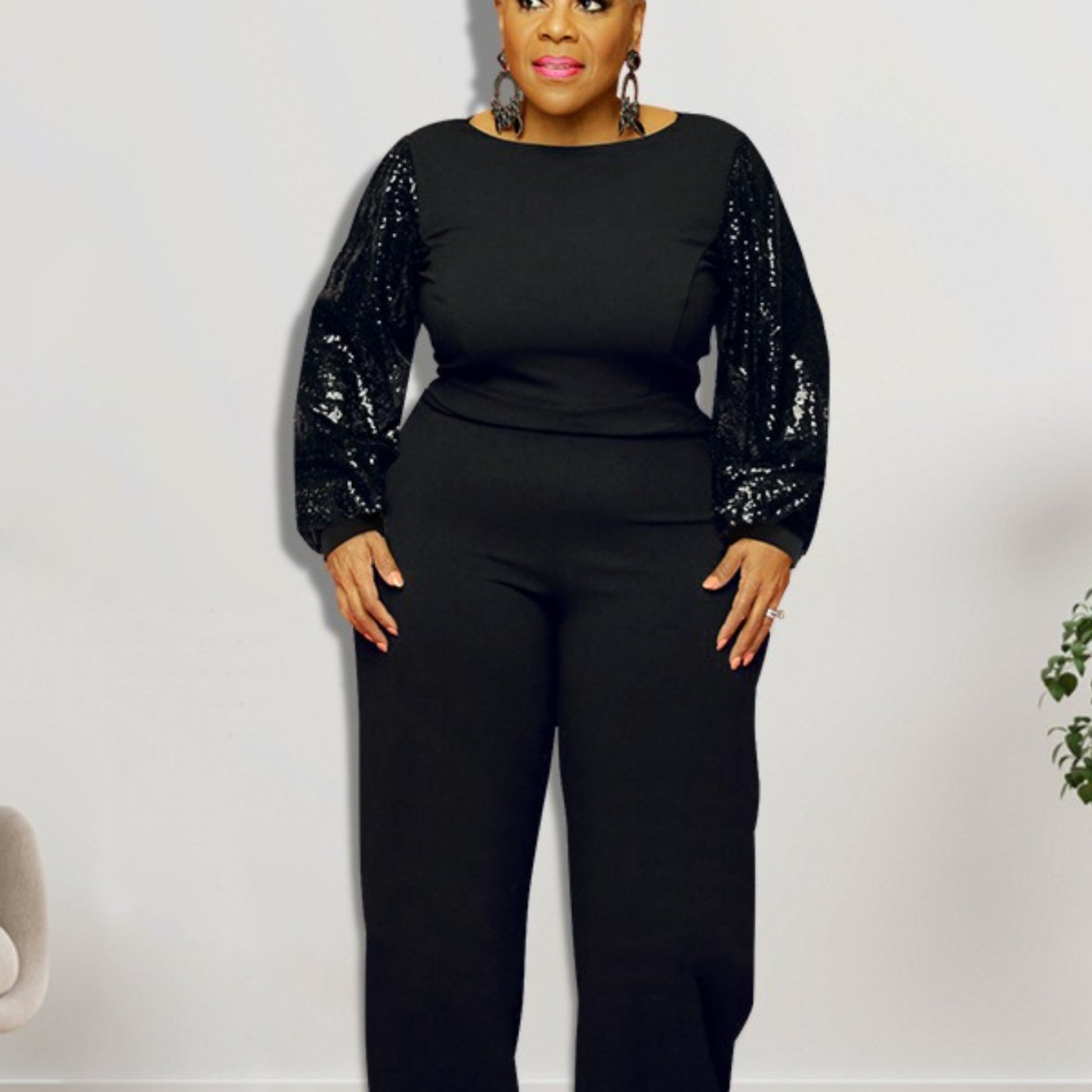 Elegant Sequin Sleeve Jumpsuit – Black One-Piece for Evening Glam