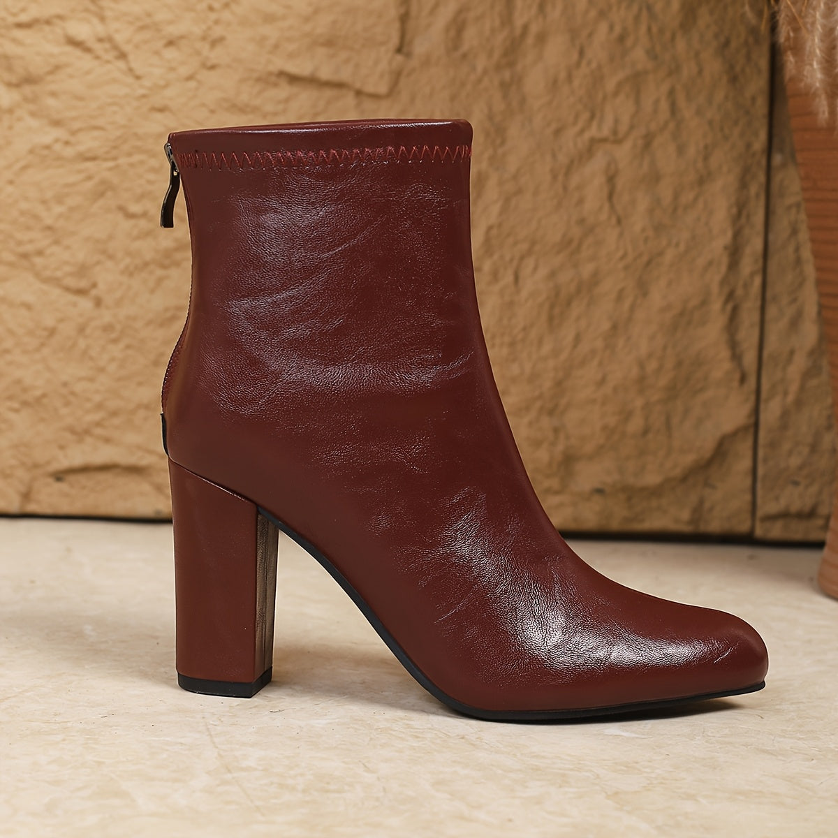 Burgundy Faux Cover Ankle Boots with Chunky Heel
