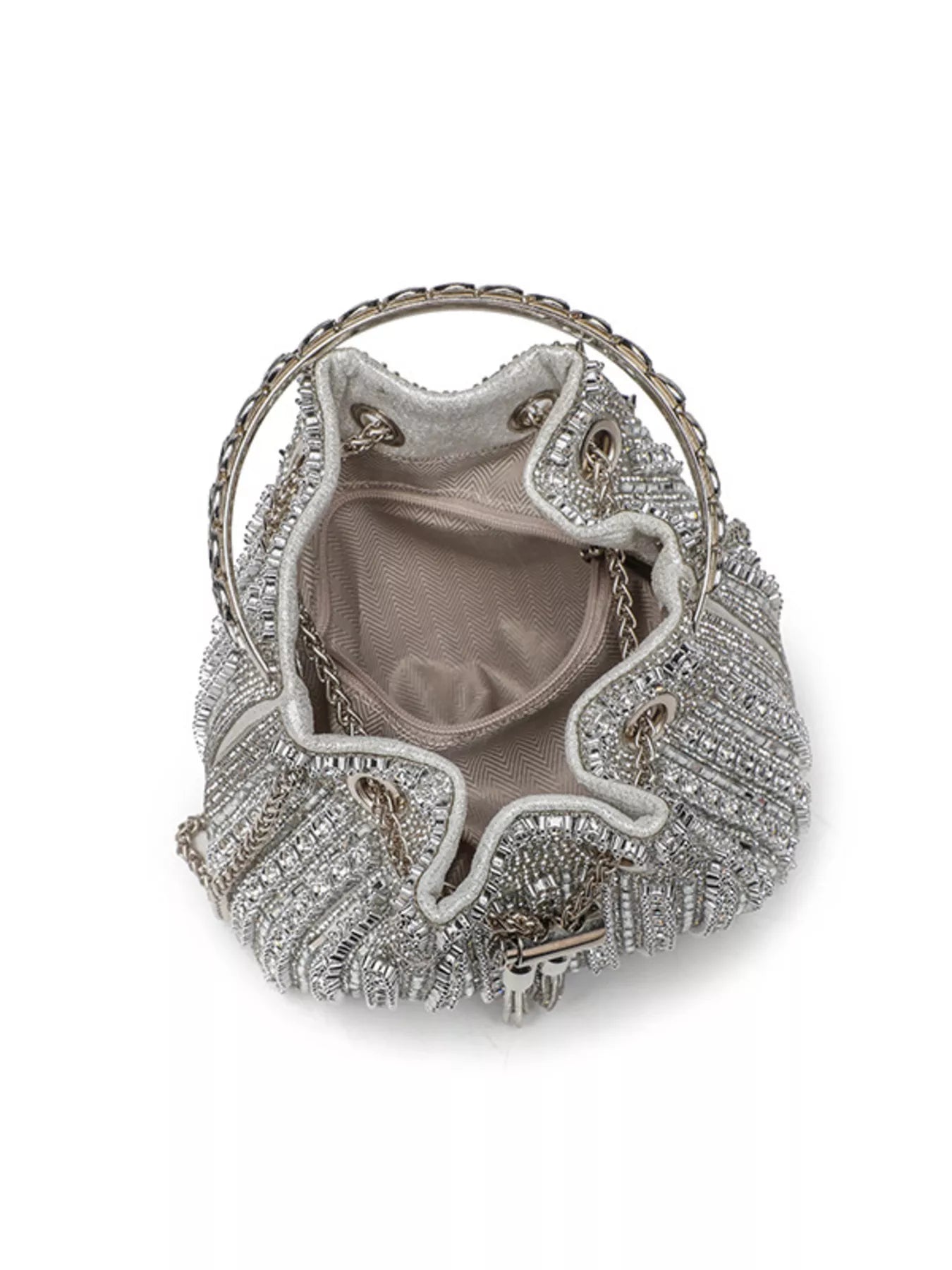 Rhinestone embellished bucket crossbody handbag in black with shiny rhinestone details and adjustable strap.