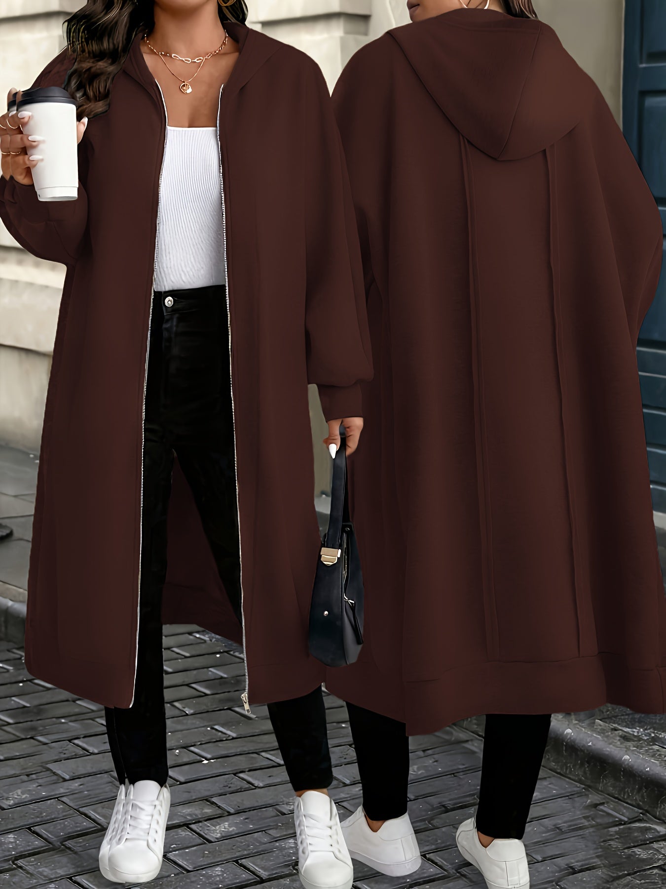 Hooded Zipper Front Long Overcoat