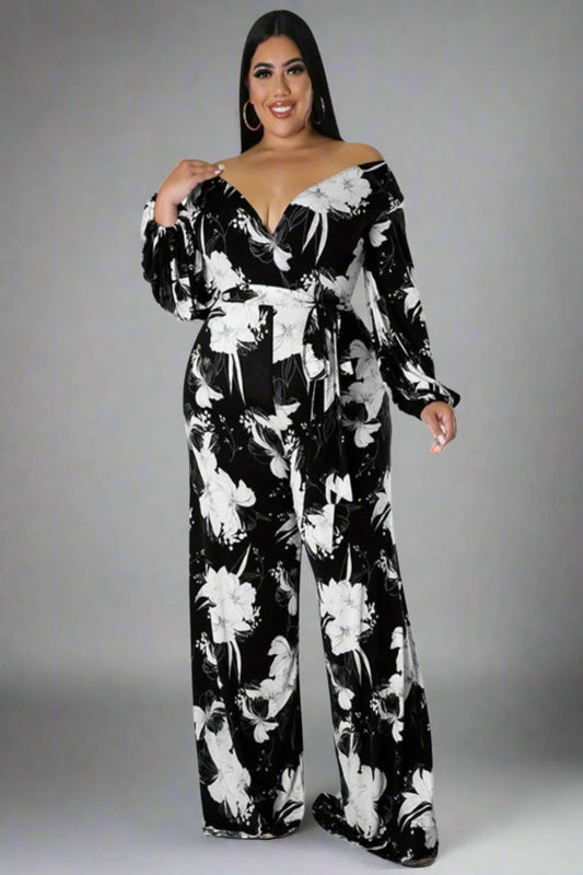 Floral Deep V-Neck Wide-Leg Jumpsuit – Black & White Elegance