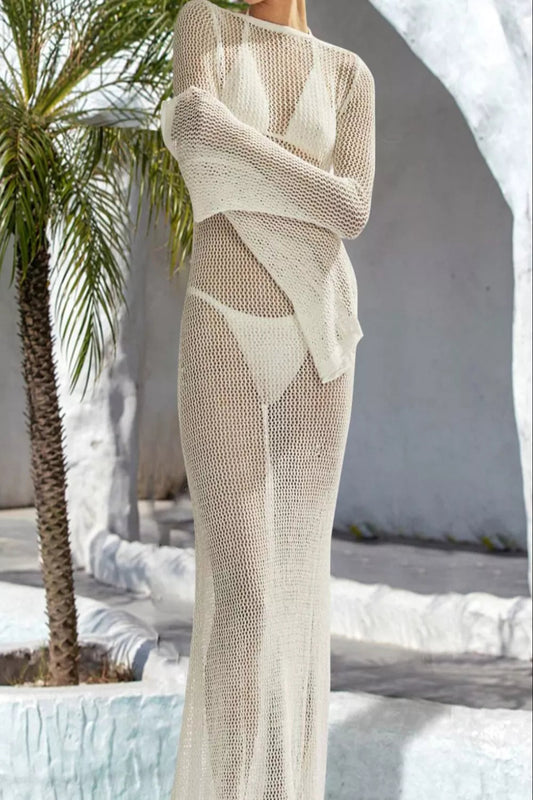 Backless flare sleeve swimwear cover-up dress by Trendsi, featuring flowy fabric and stylish design for beach or poolside wear.