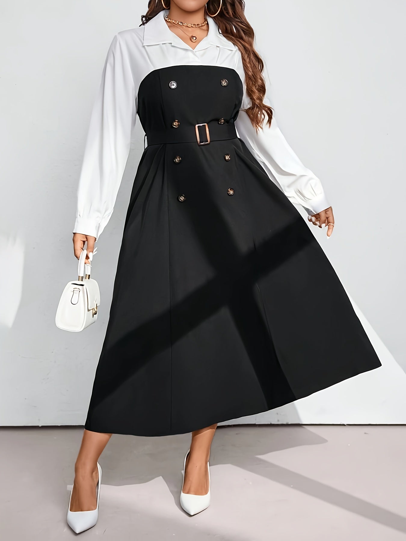 Black & White Chic Shirt Collar Belted A-Line Dress