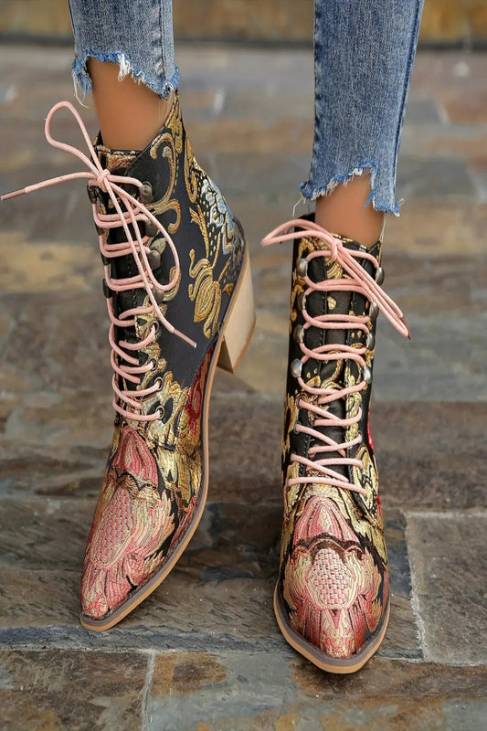 Vintage Western Flower Chunky Heel Boots Toshe Women's Fashions