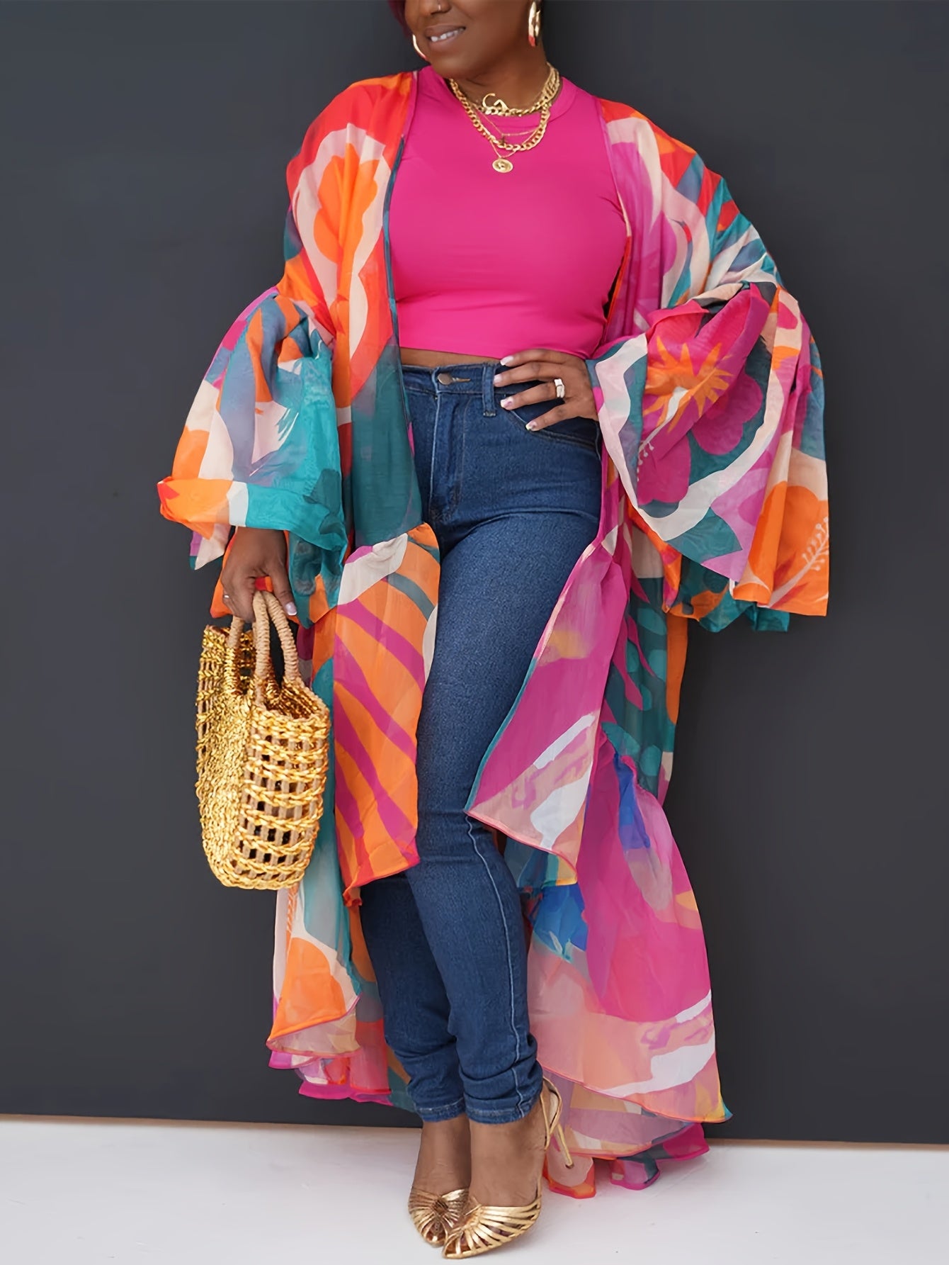 Chic Abstract Print Batwing Sleeve Cardigan