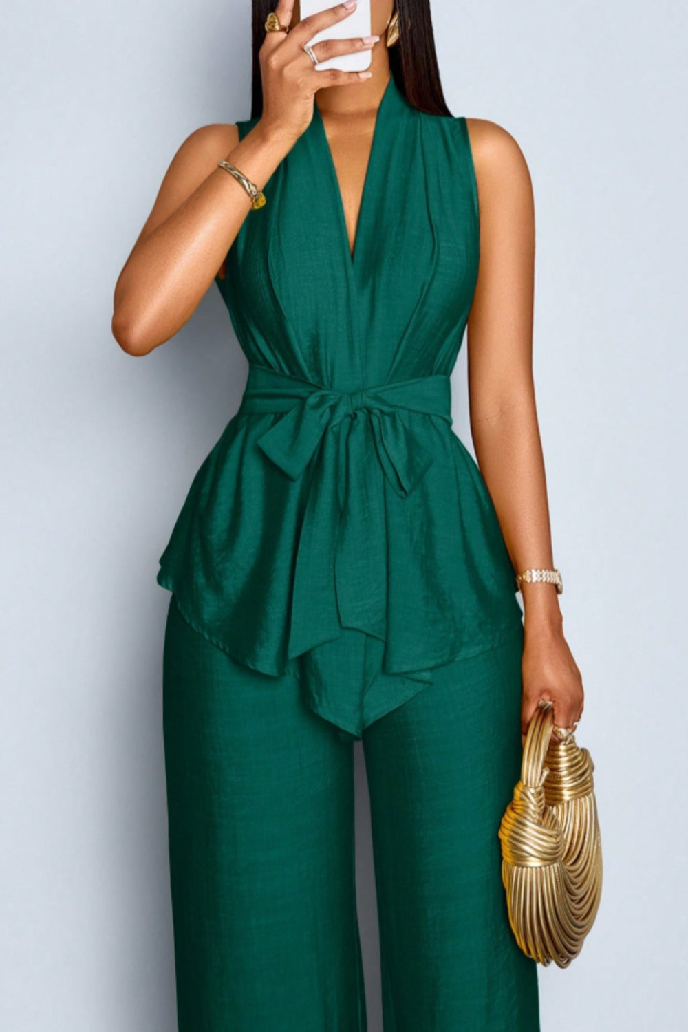 Green Sleeveless Ruffle Top & Wide-Leg Pants Set